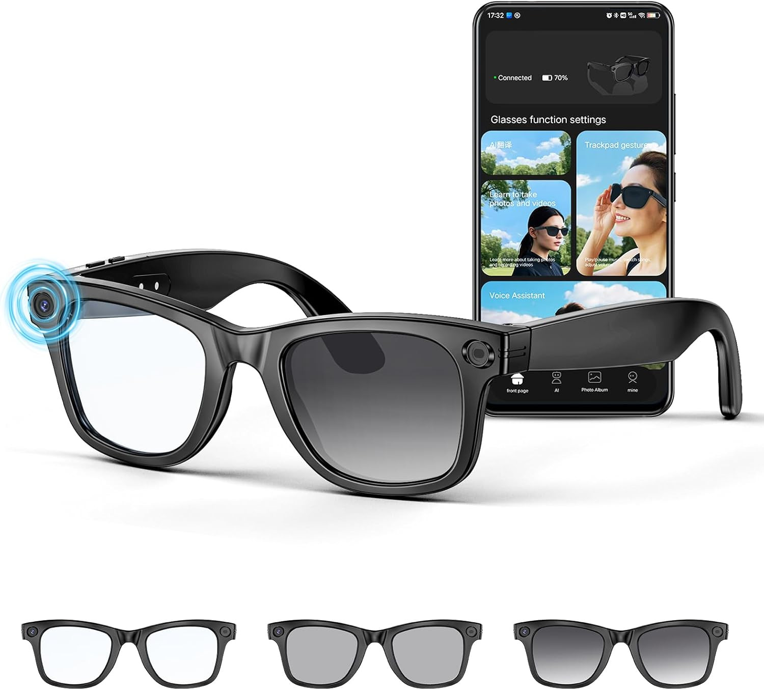 AI Smart Glasses 4K HD Camera, BT Call, 800W Anti-Shake Camera Glasses with Vide