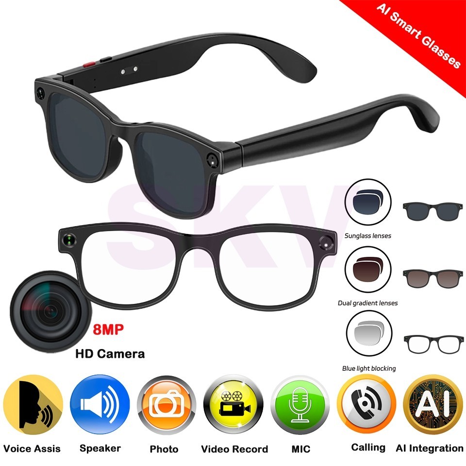 Smart Glasses Photo Video Recording AI Translation 8MP Camera and Bluetooth-Com