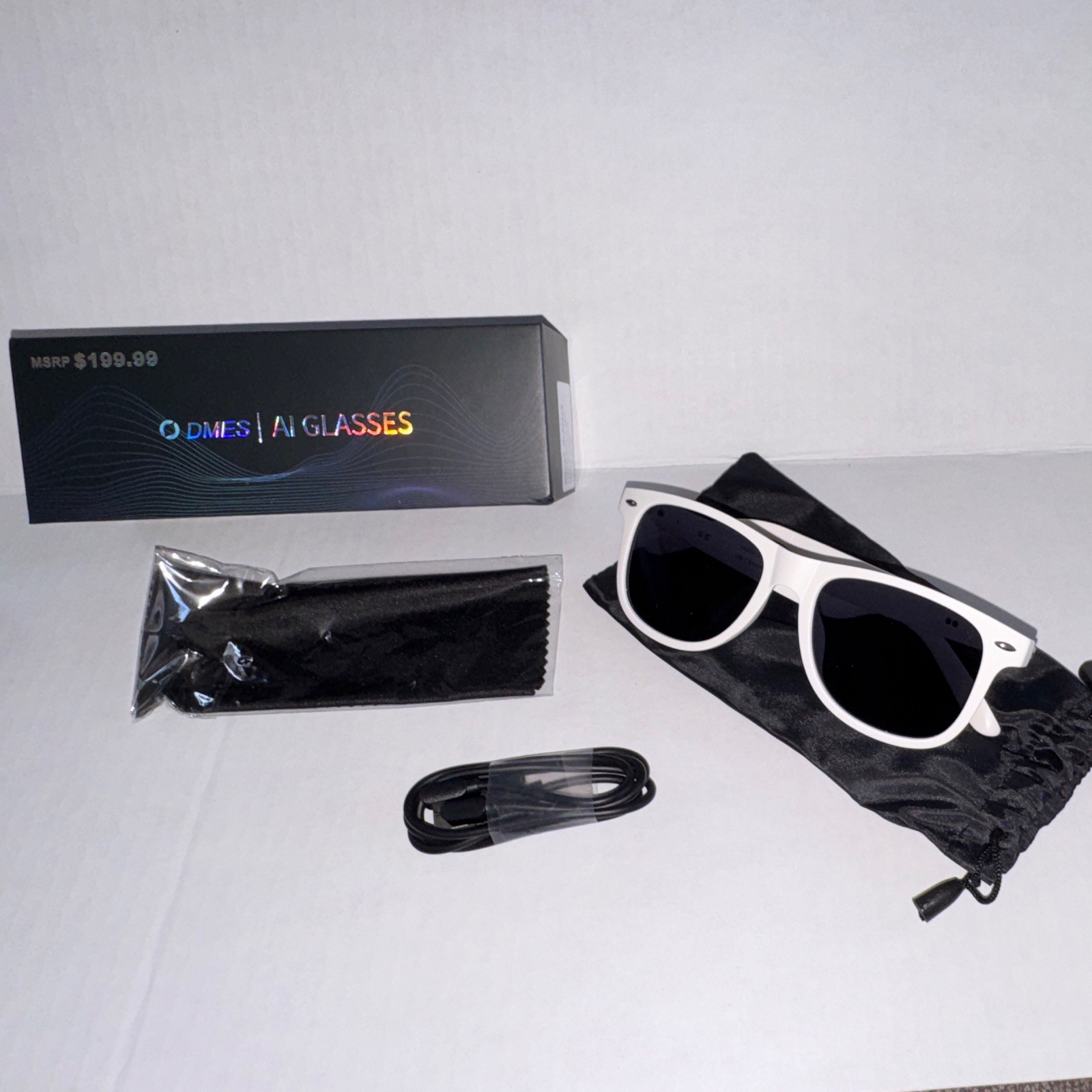 DMES AI GLASSES Smart Glasses White Frame USB Connectivity w/ USB Cable
