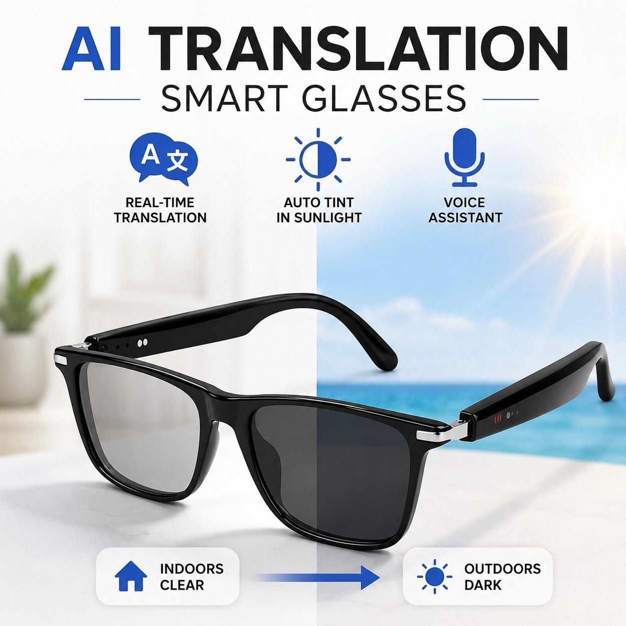 AI Translation Smart Glasses Auto Tint Photochromic Bluetooth Sunglasses