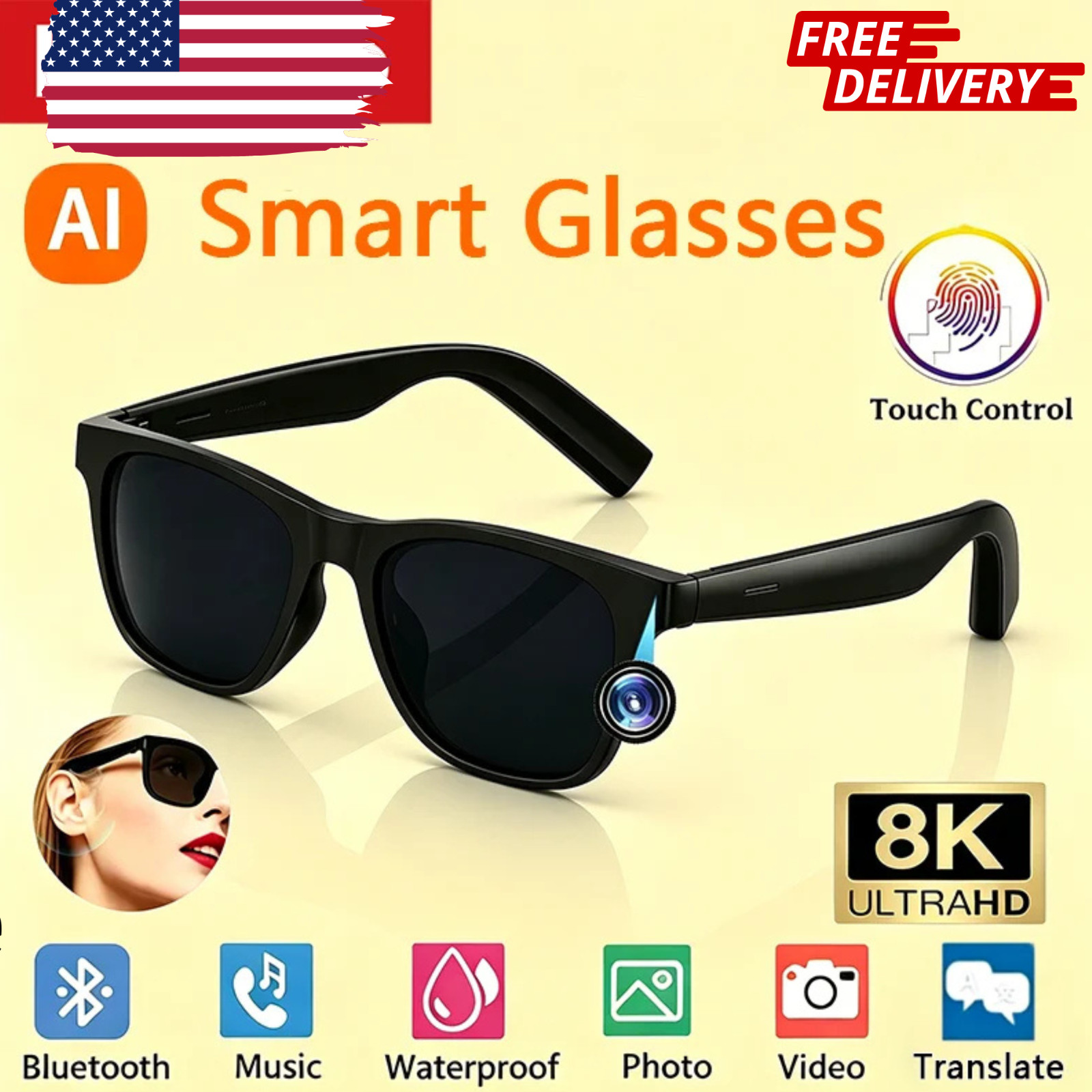 8K Camera AI Smart Glasses Touch Control Photo Recording Translator Voice Assist