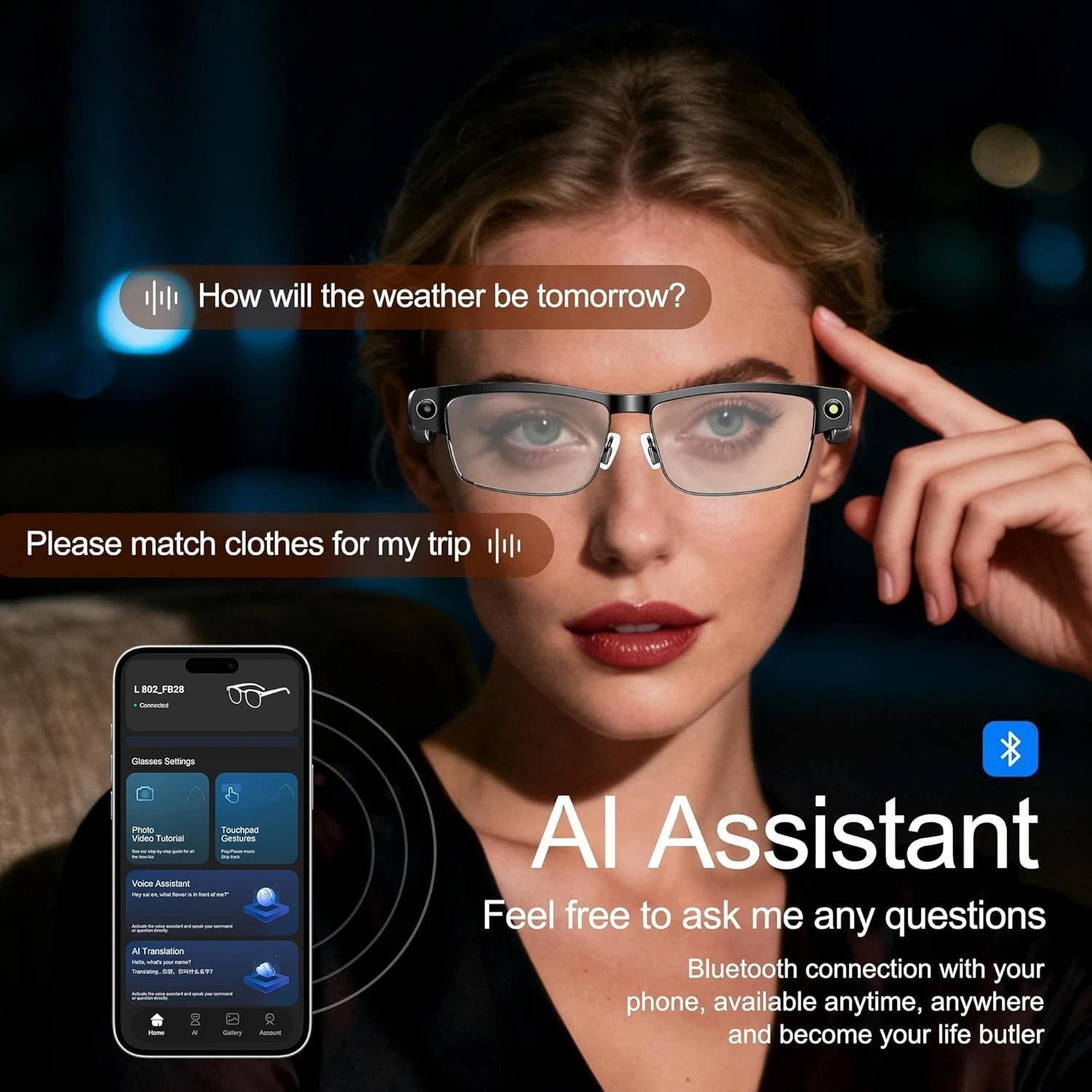 Smart Glasses AI Camera 32GB Bluetooth 5.4 Auto Color-Changing Lenses