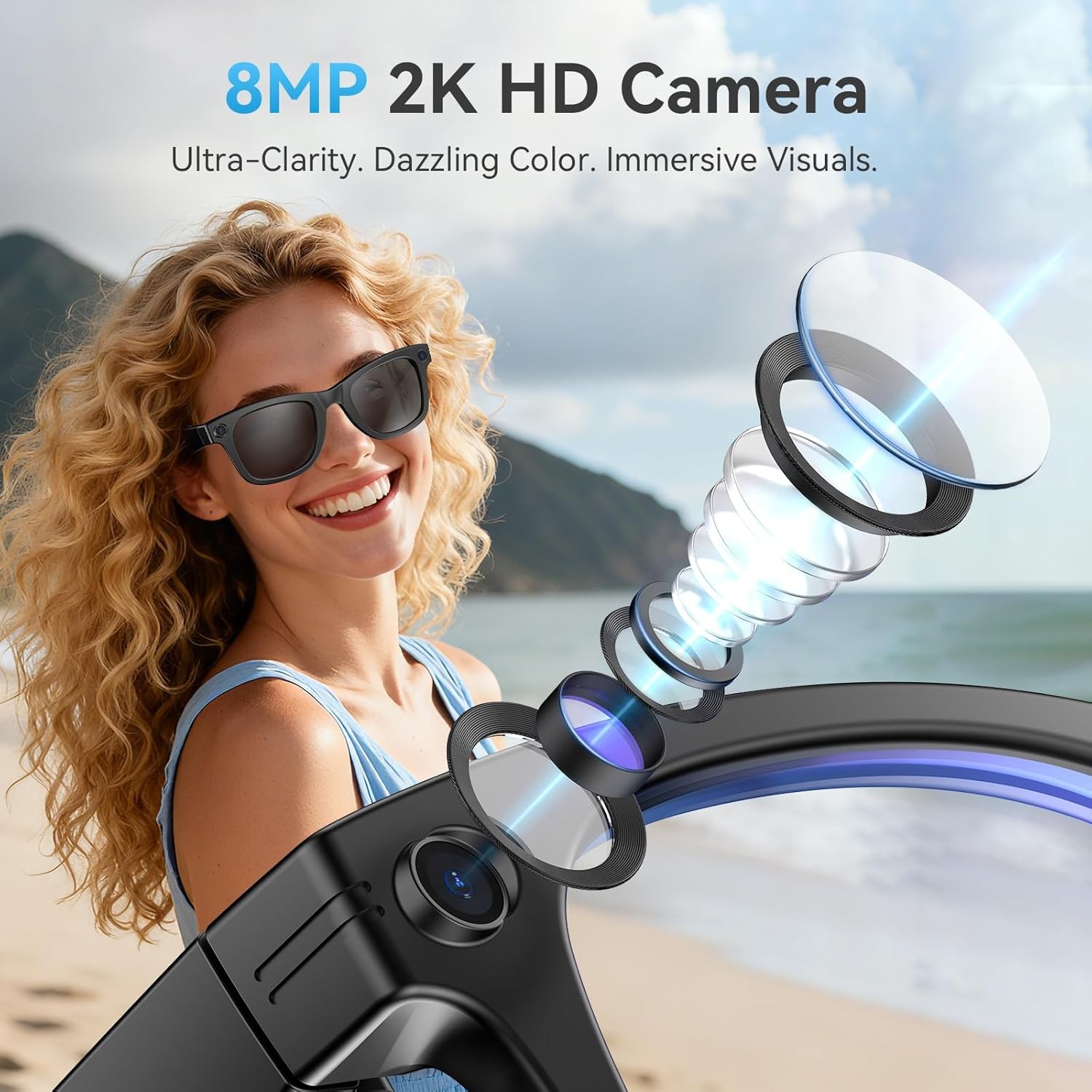 AI Smart Glasses 8MP 2K Camera Voice Control IP67