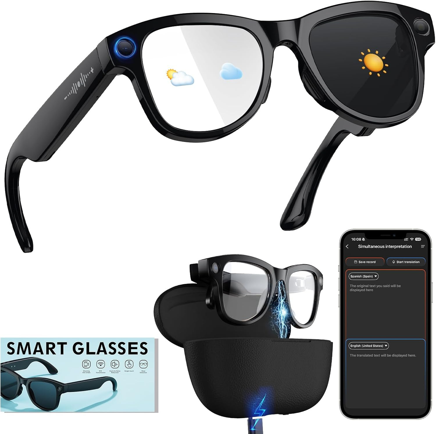 Smart Glasses with Camera with 3600Mah Charging Case, 8MP HD Video Recording wit