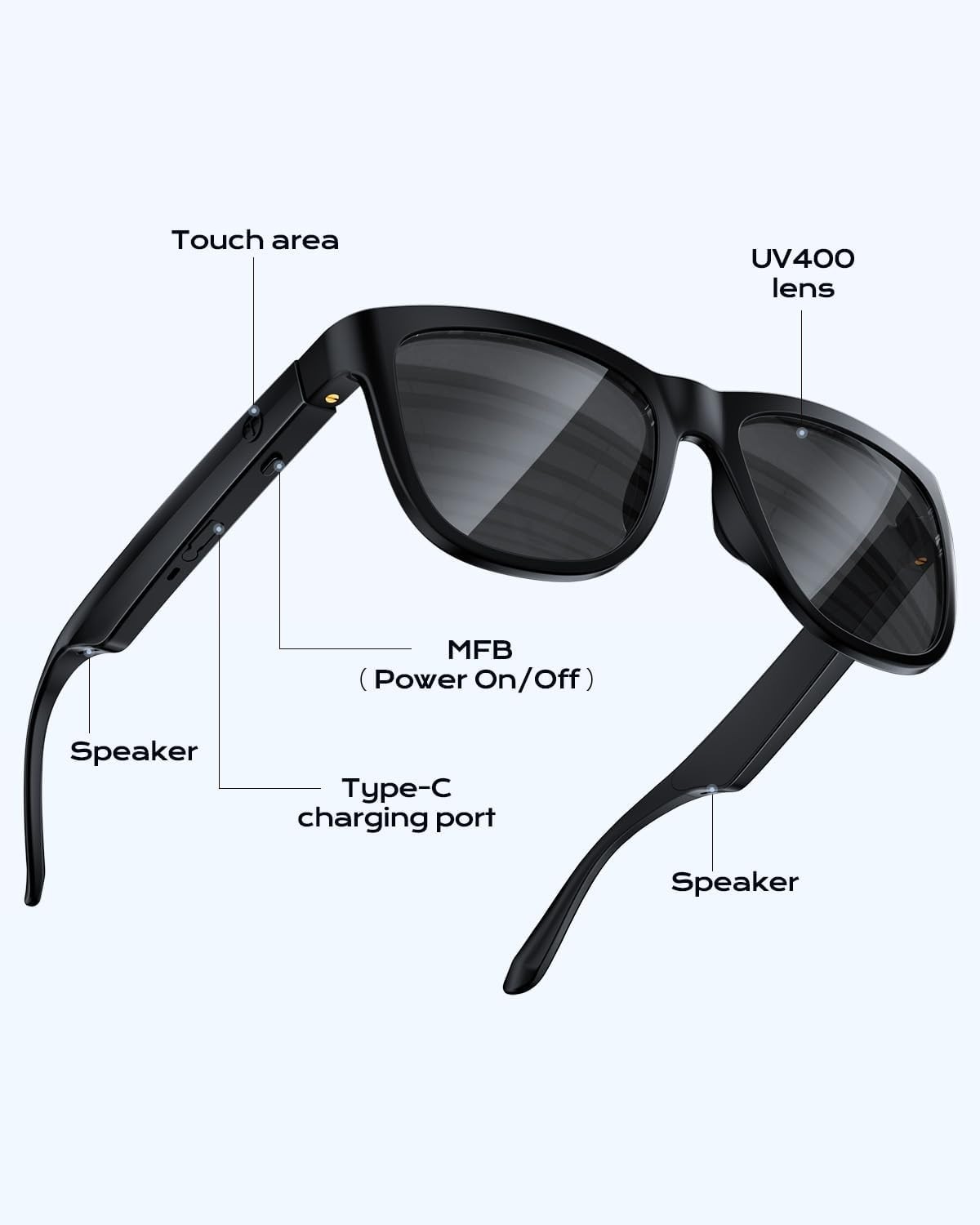 Smart Bluetooth Audio Glasses with Mic, UV400 Sunglasses, Unisex Black
