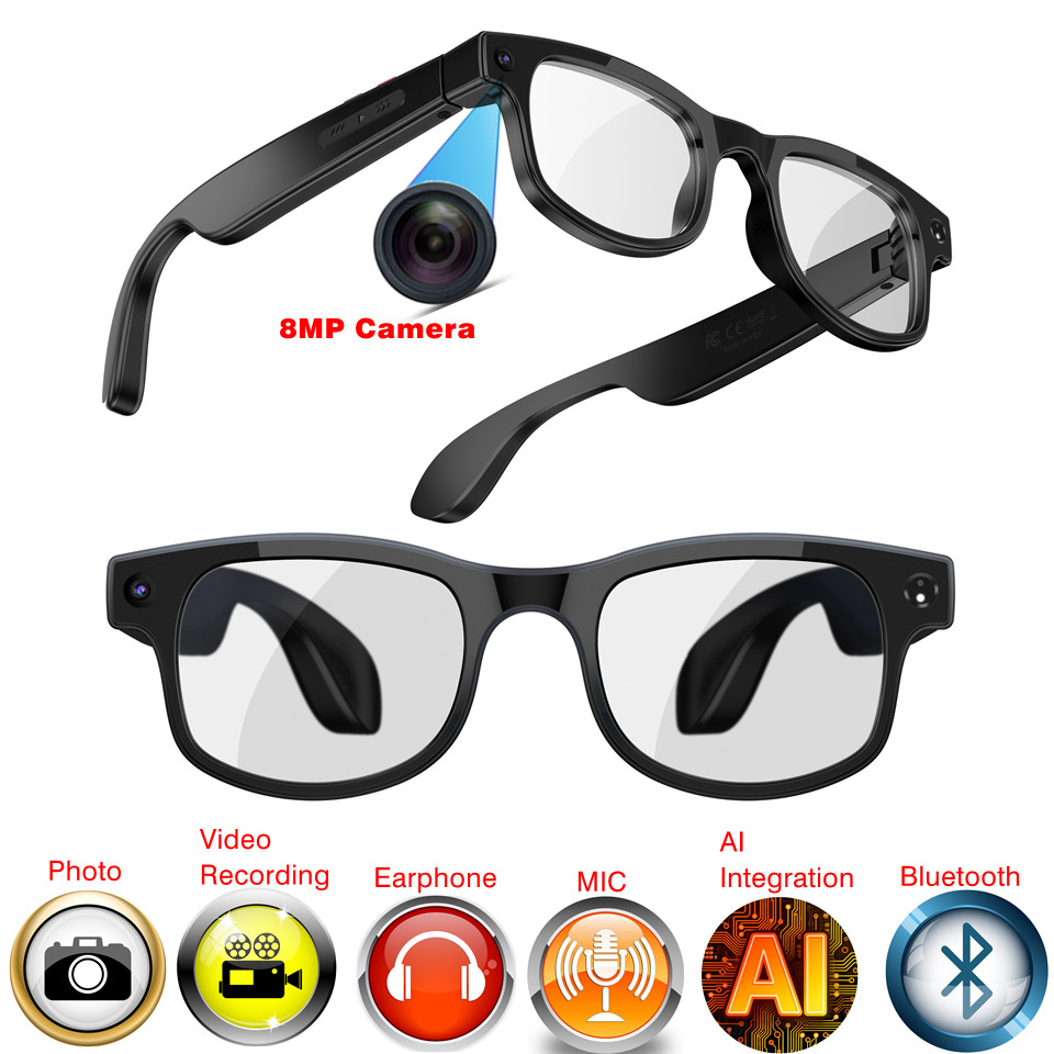 4K AI Smart Photochromic Glasses with Camera and Bluetooth and Earphone