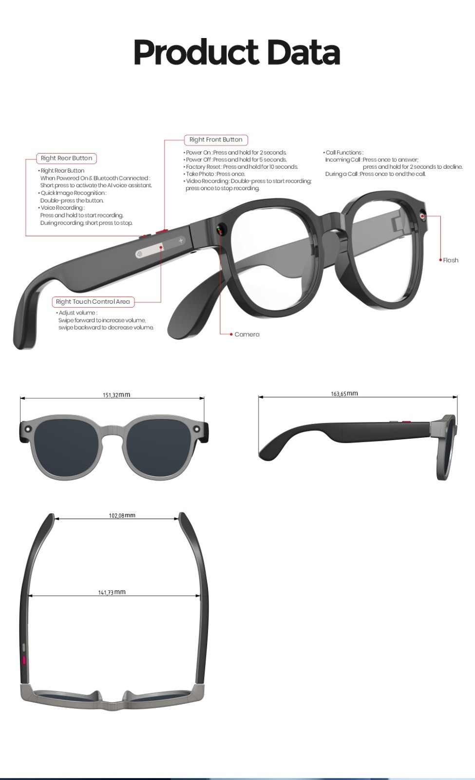 5MP AI Smart Glasses 3-in-1 Lens Real-time Translation Anti-shake Camera Video