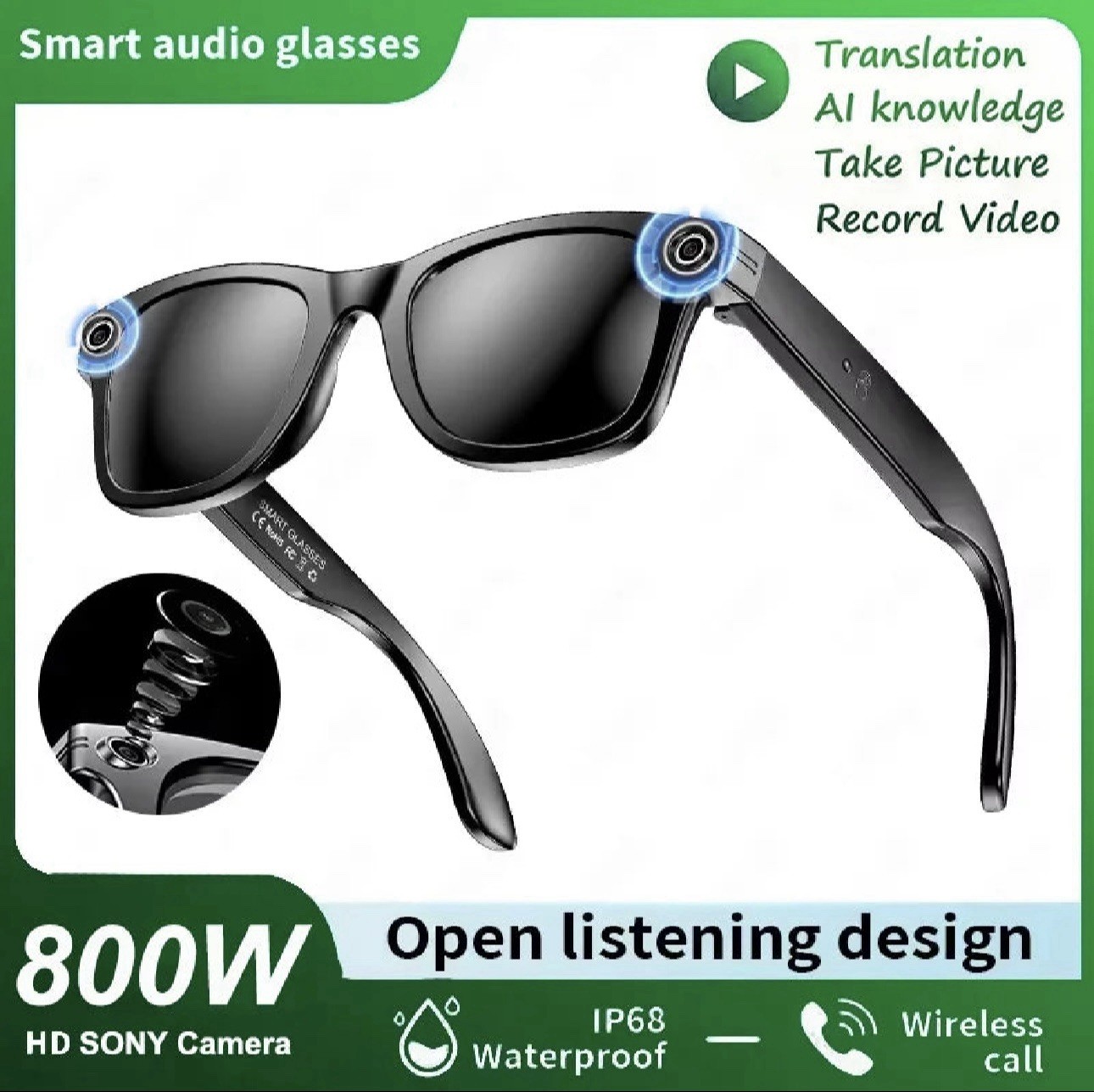 AI Smart Glasses 8MP Camera WiFi Bluetooth Touch Control IP67 Waterproof and HD