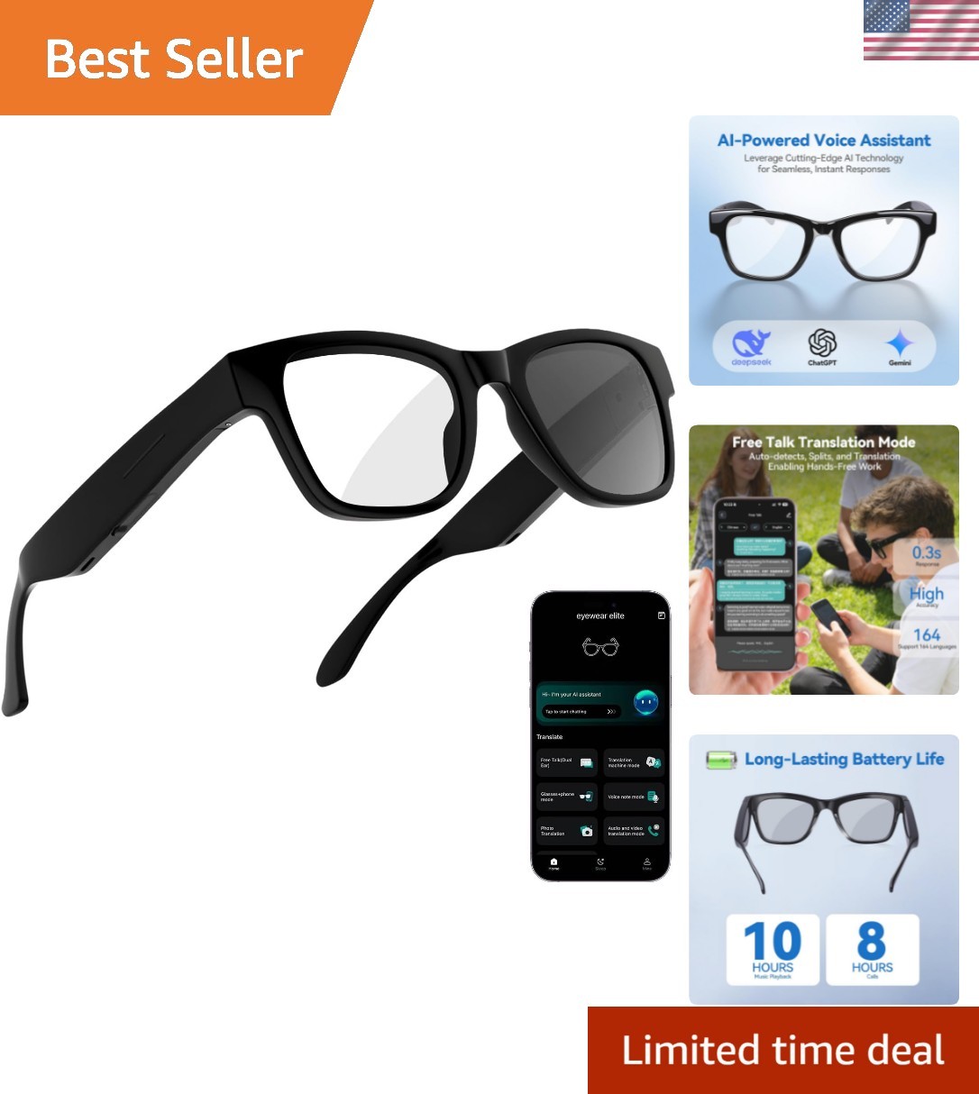 AI Smart Glasses with ChatGPT – Bluetooth, Real-Time Translation, Music & Han…