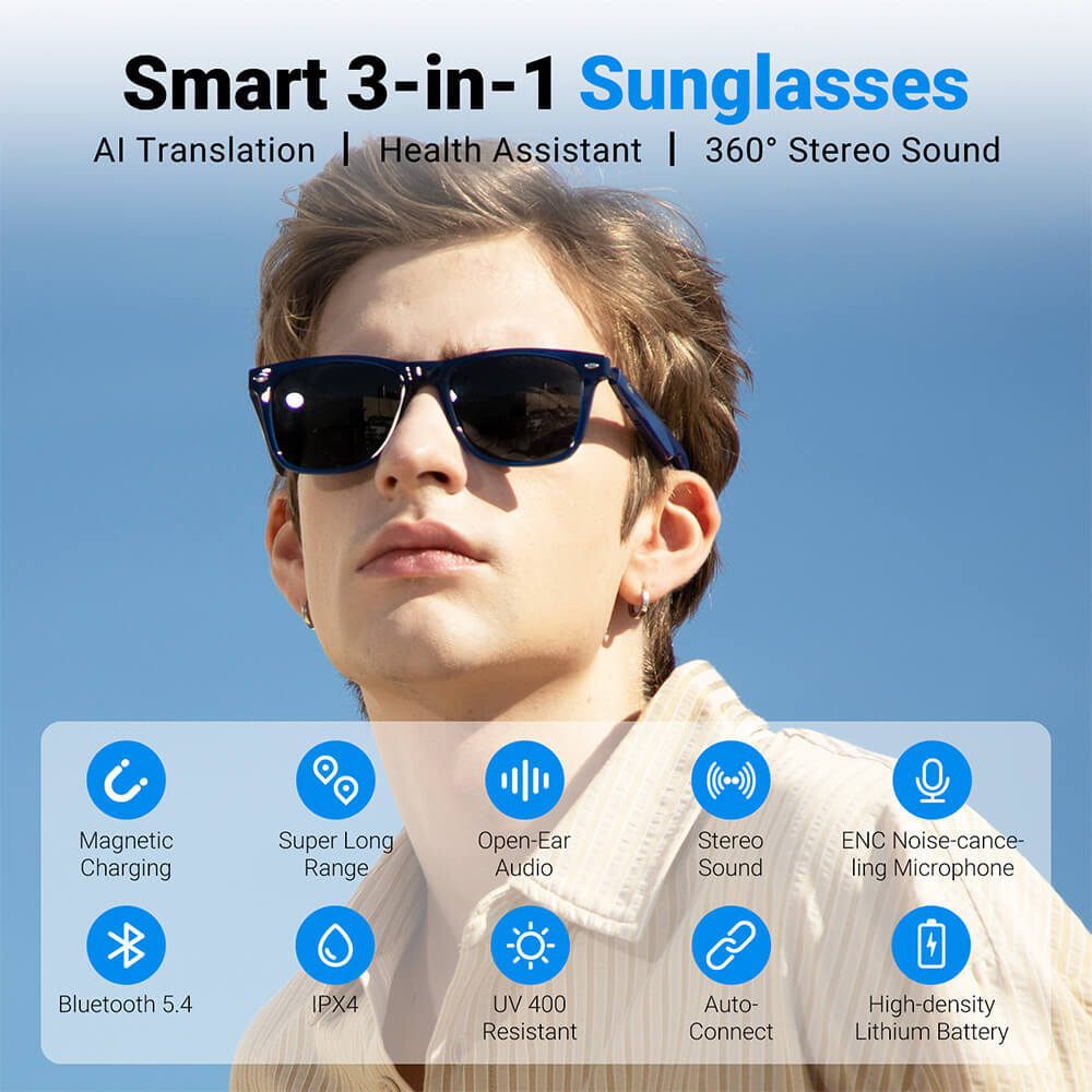 Smart Sunglasses Bluetooth Glasses with Speakers 11H Music 9H Call for Sport × 2