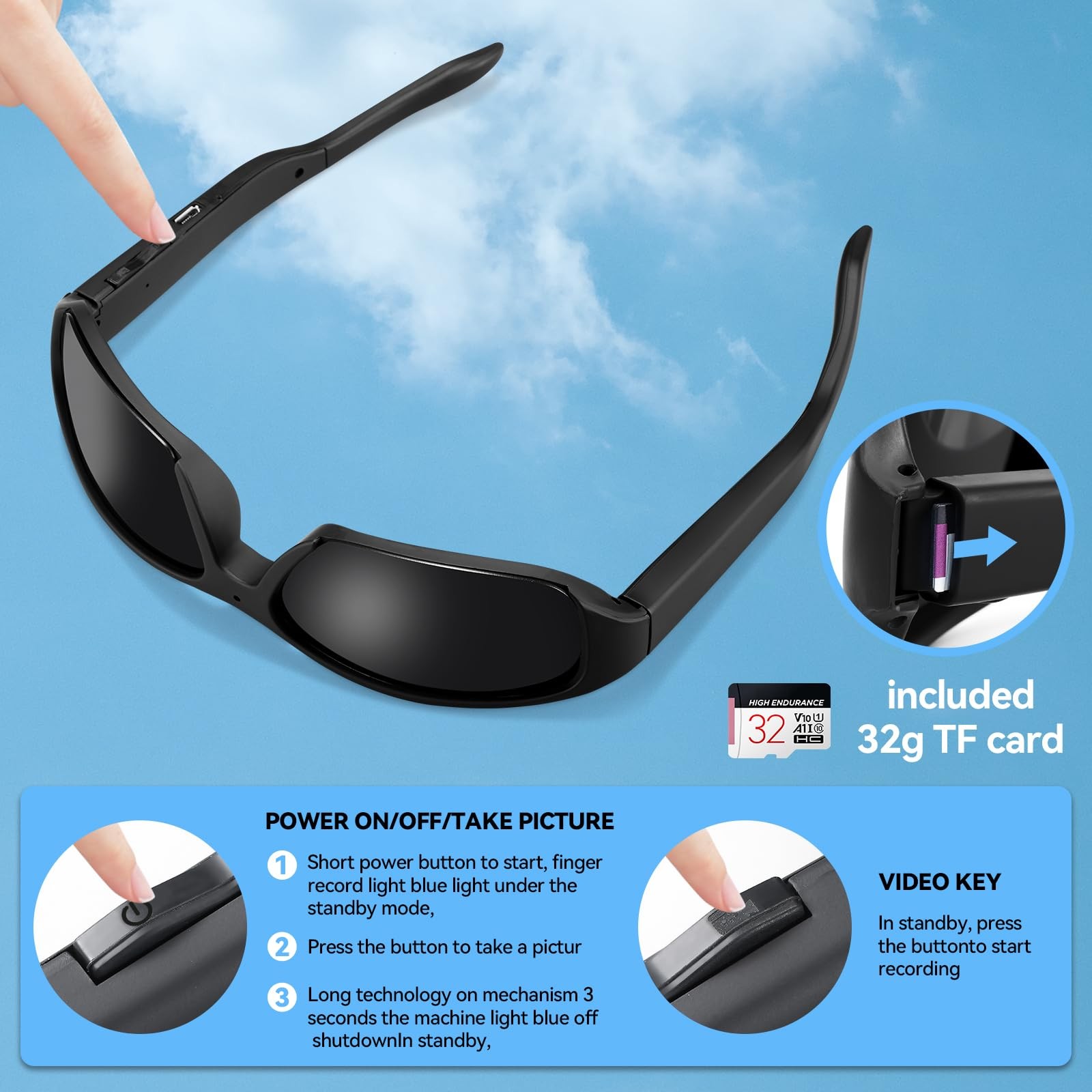 Smart Video 1080p Camera Glasses for Men – Outdoor HD UV Glasses, Black