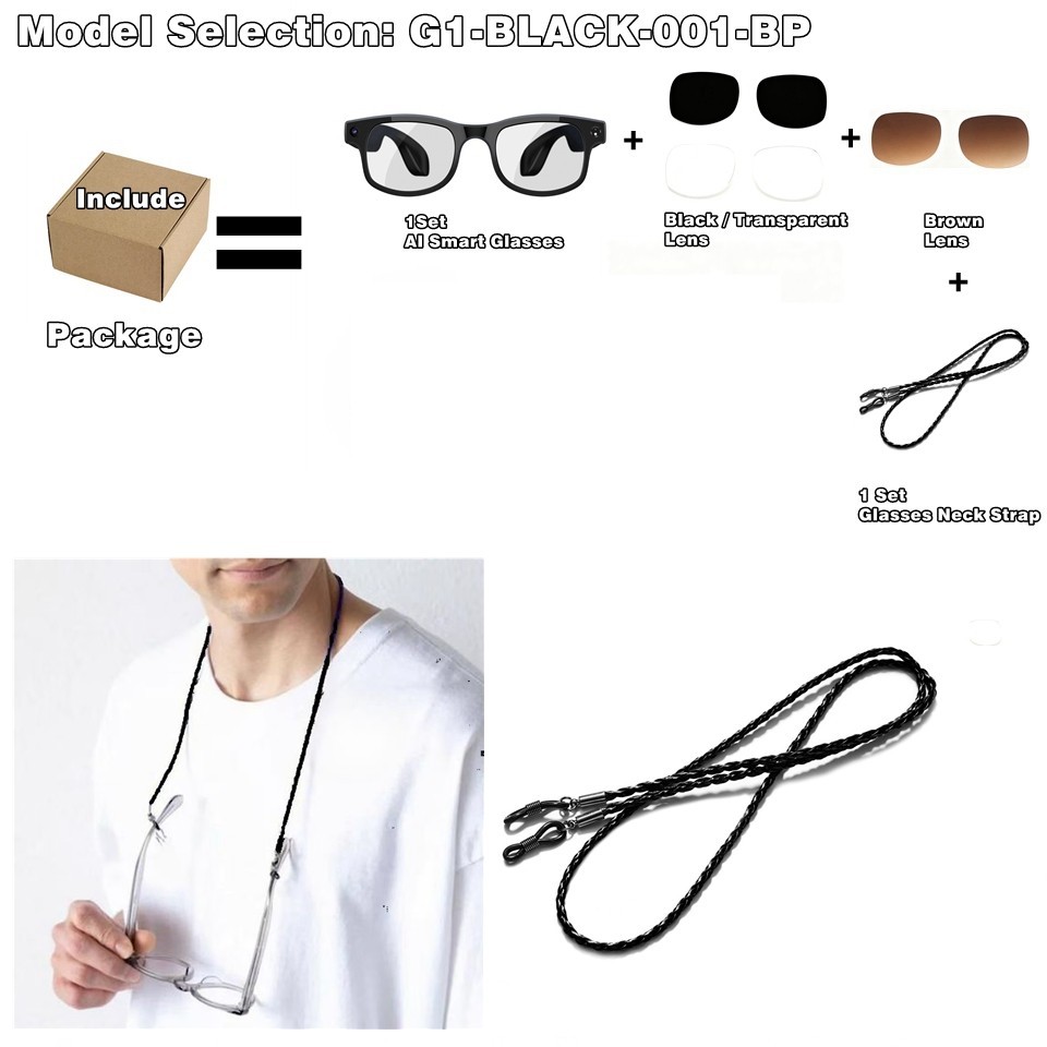 Bluetooth Smart Glasses with Speakers Eyewear Music translator Headphones Black