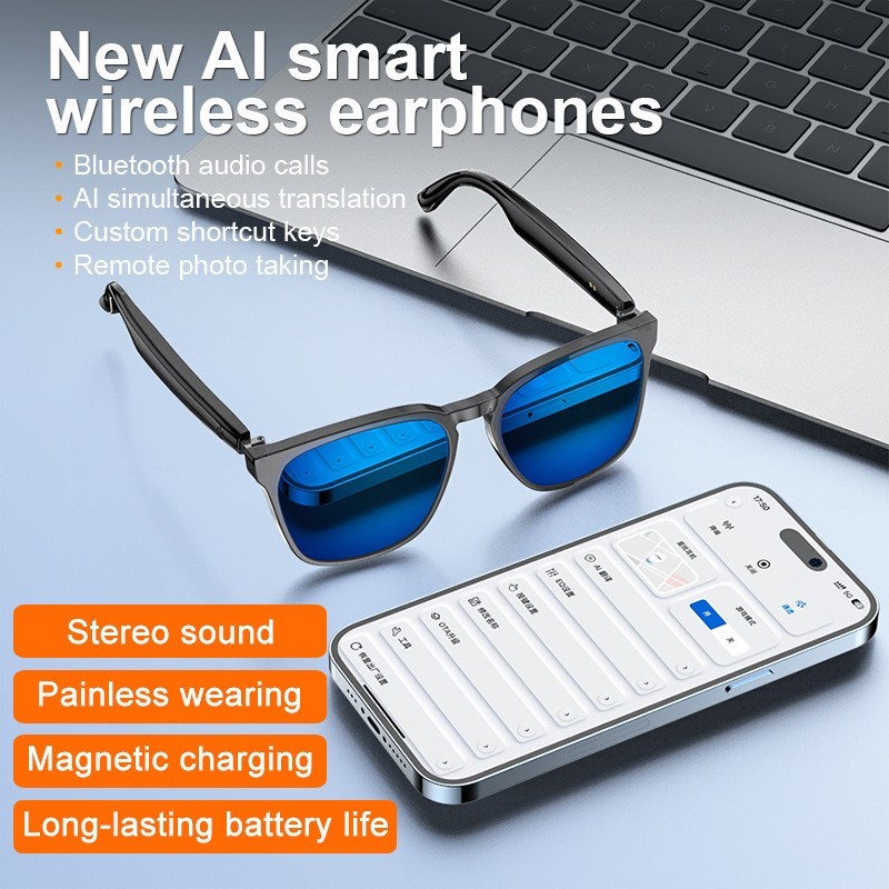 Anti Blue Light AI Smart Glasses Bluetooth Headphones Music Real Time Translator