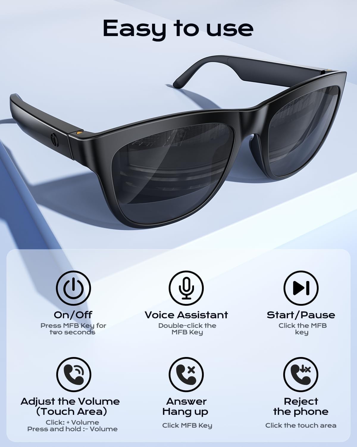 Smart Bluetooth Audio Glasses with Mic, UV400 Sunglasses, Unisex Black