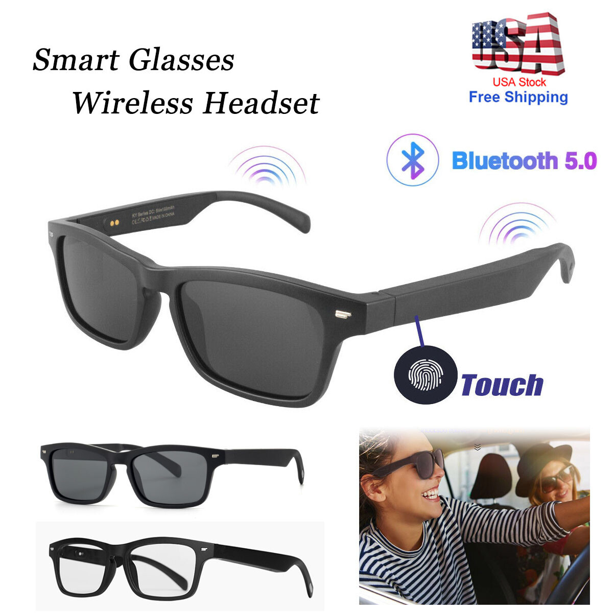 Bluetooth 5.0 Smart Glasses Wireless Sunglasses Music Headset Hands-Free Calling