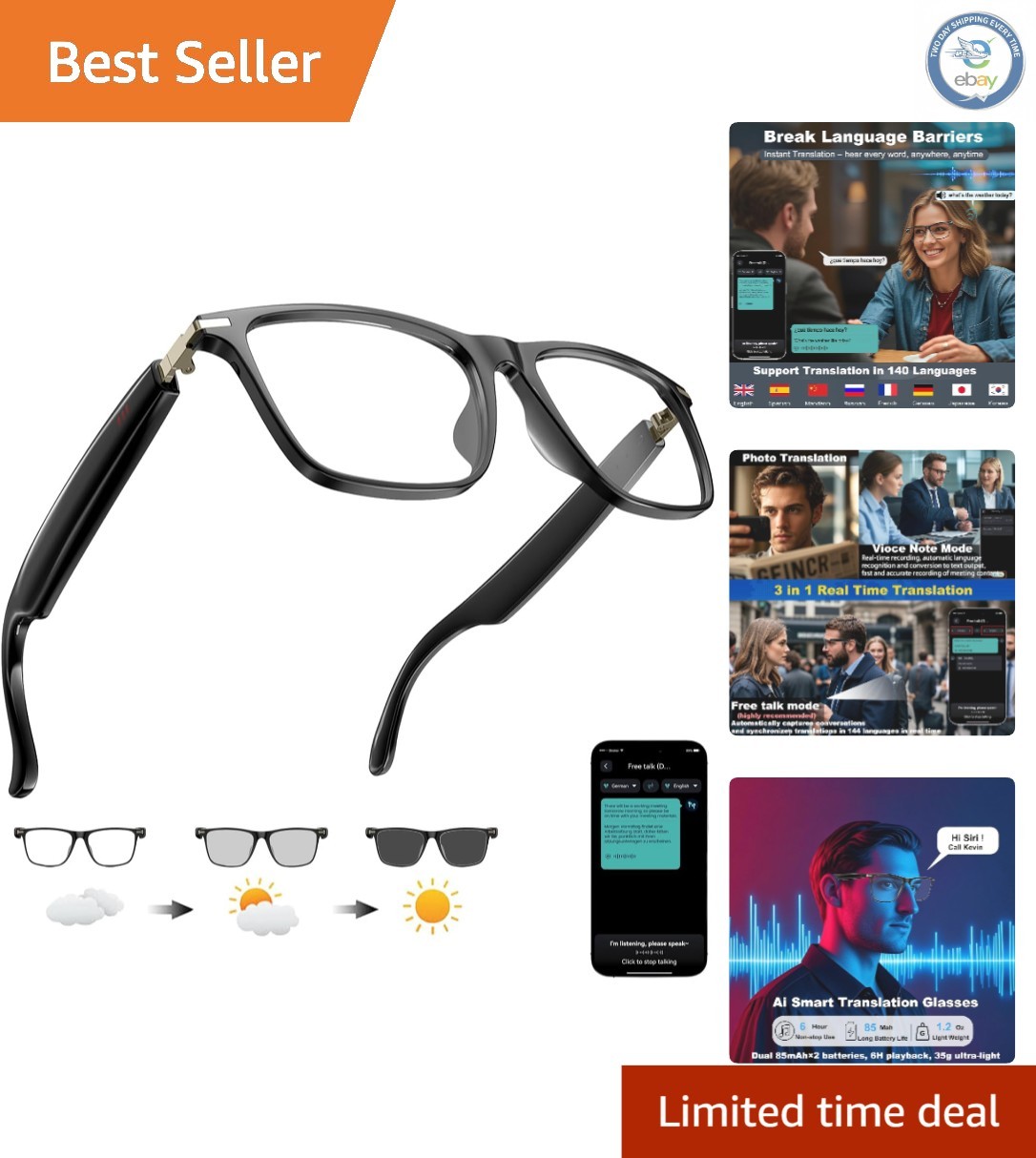 Bluetooth Smart Glasses – Adaptive Lenses, Voice Assistant, 164 Language Support