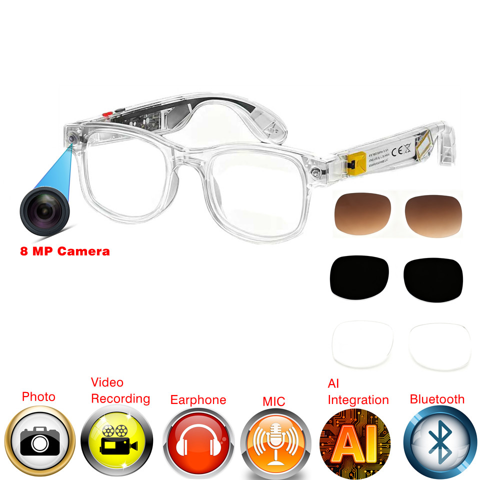 AI smart glasses with camera transition lenses for women with headphone