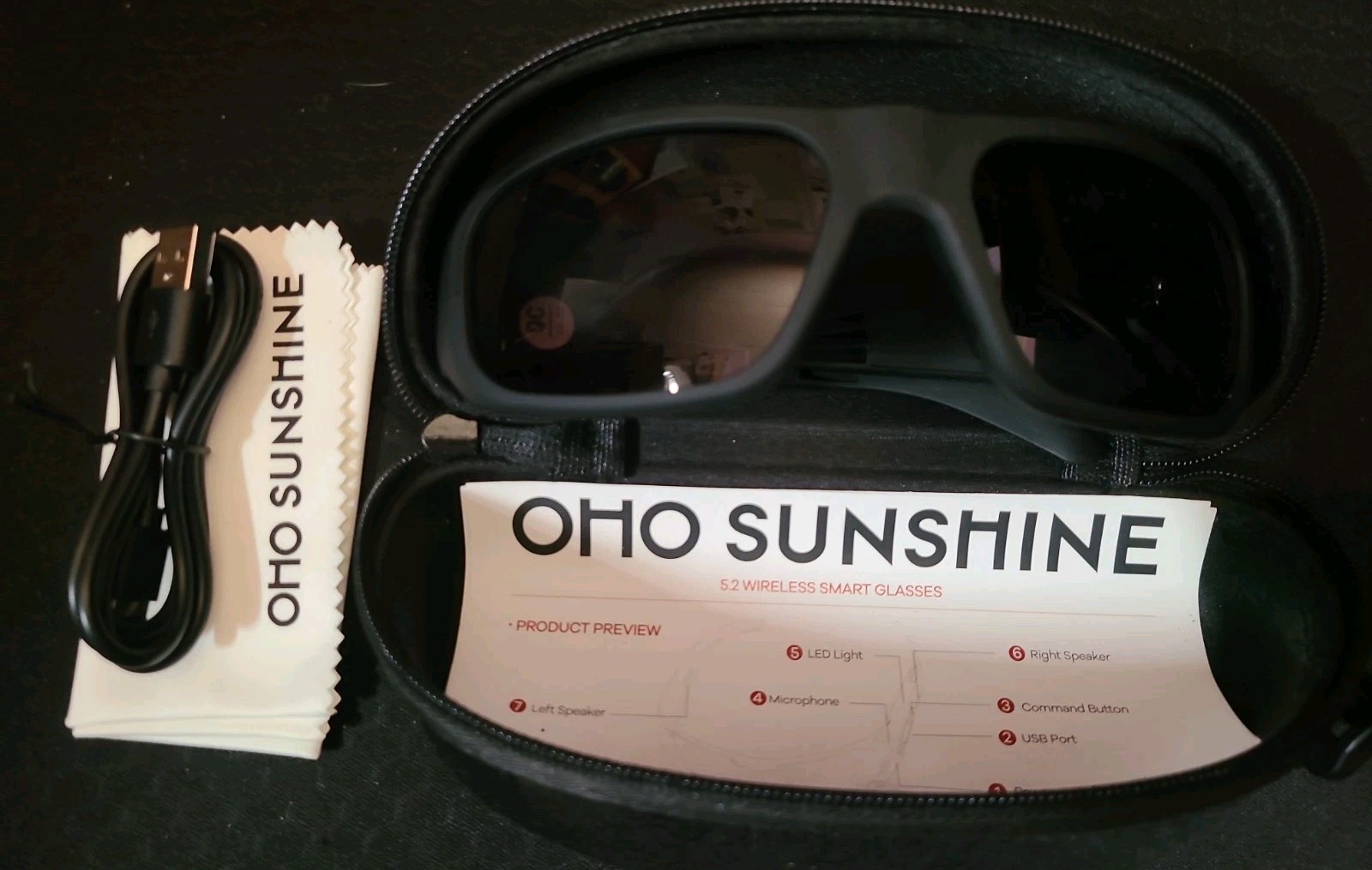 Oho Sunshine Smart Glasses 5.2 Wireless Elite Model Case Cloth All Black NEW