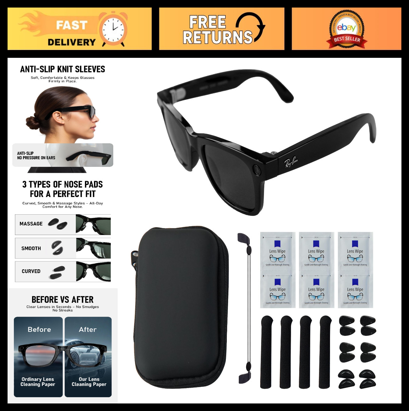 Smart Glasses Accessories Kit – Storage Case, Nose Pads, Lanyard, Lens Cleaners,