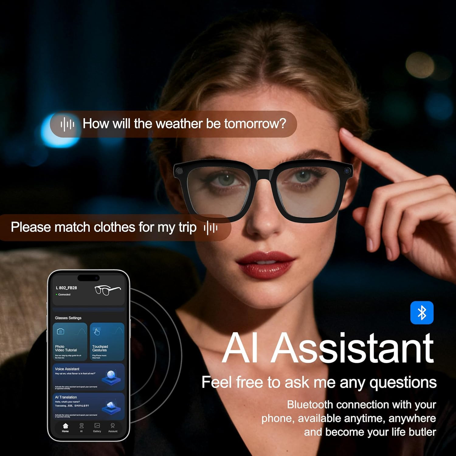 Ai Smart Glasses with Camera and Bluetooth – 4K HD Video Recording, Real-Time Tr