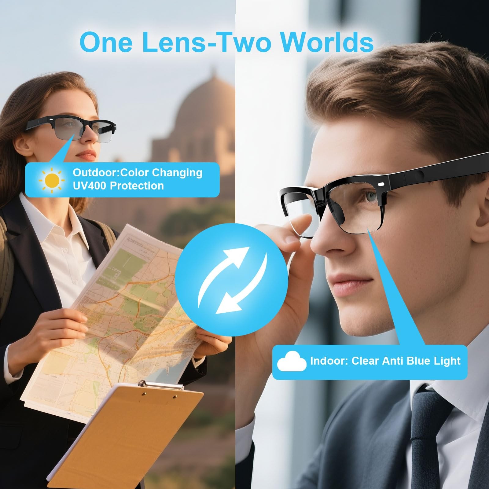 Smart Glasses for Men Women, Anti-Blue Light Photochromic Lenses, Open-Ear Bl…