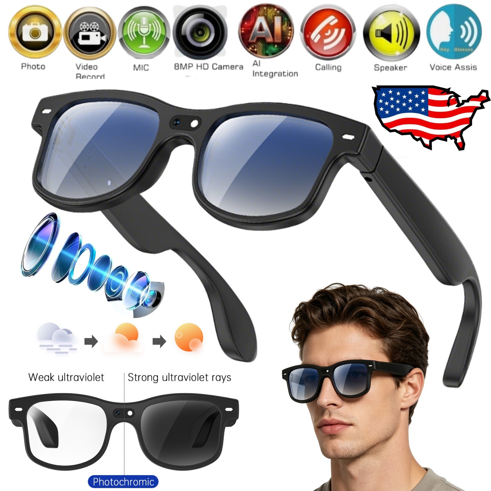 Bluetooth Smart Glasses with Speakers Eyewear Music Translator Headphones Black