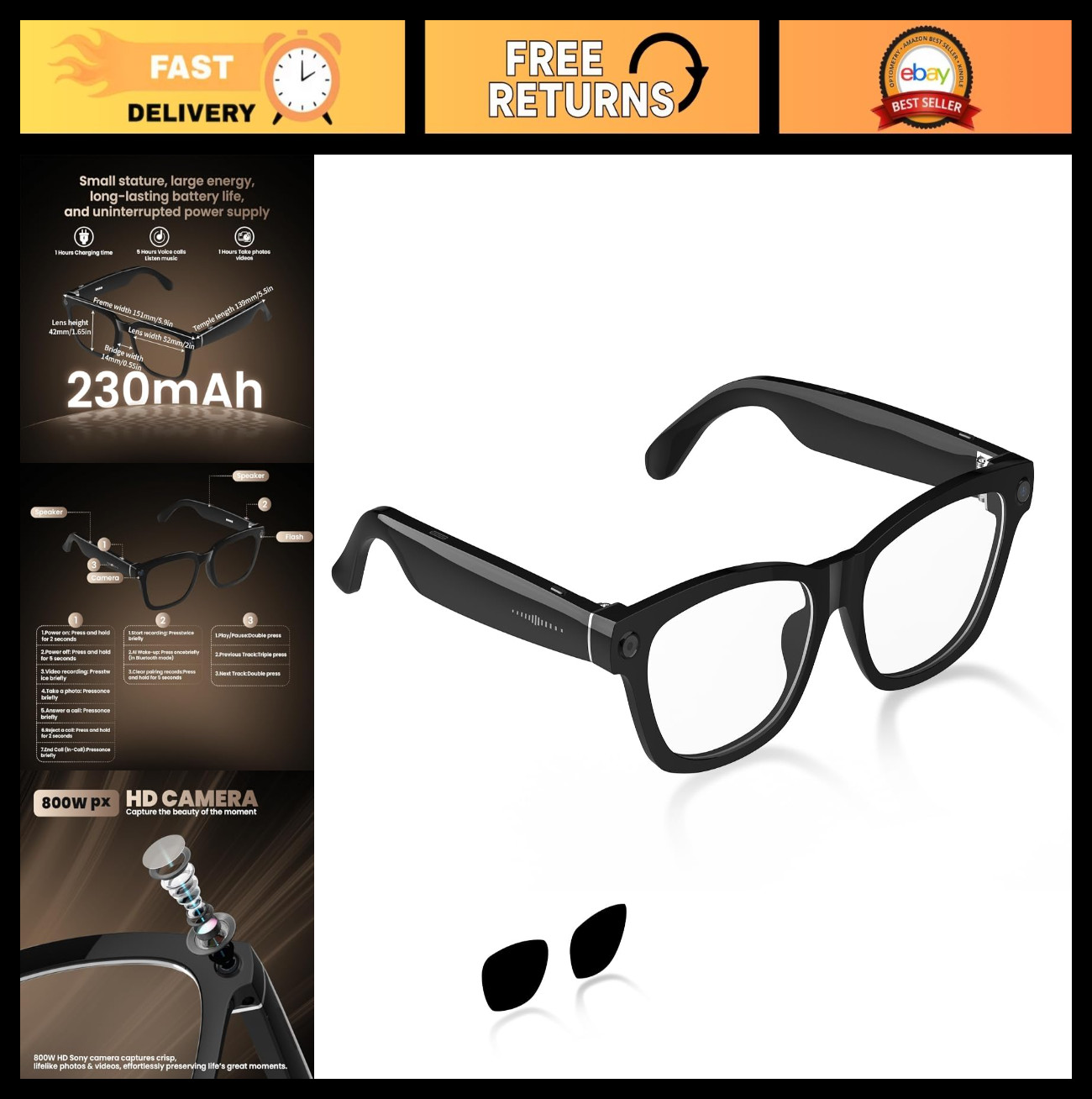 AI Smart Glasses 800W HD Camera 1080P Video Recording Voice Control Bluetooth Wi