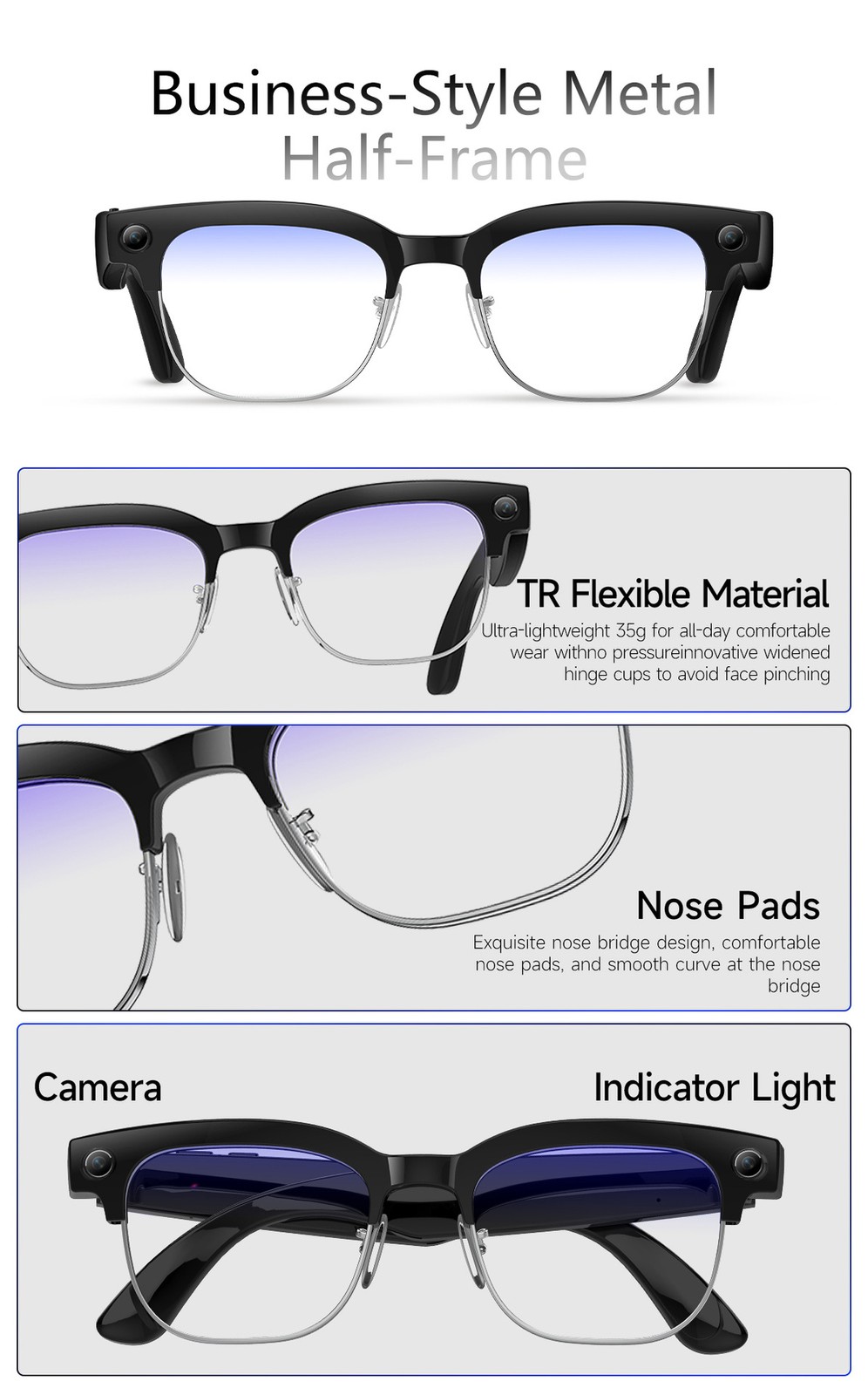 W630 AI Smart glasses Bluetooth/object recognition/video recording/translation