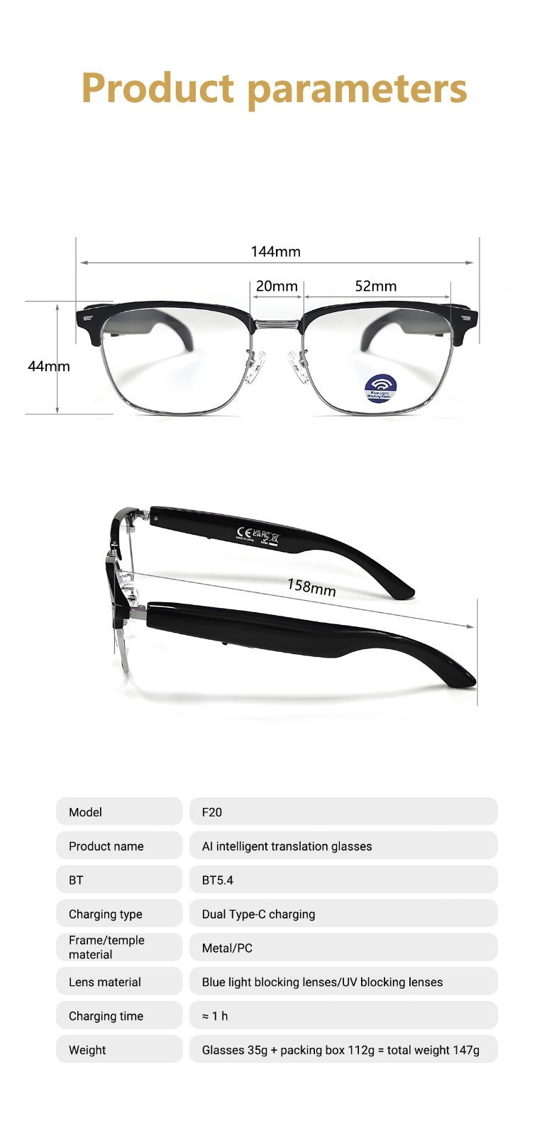 Smart Glasses AI Bluetooth Call Glasses Audio Translation for Men and Women Work