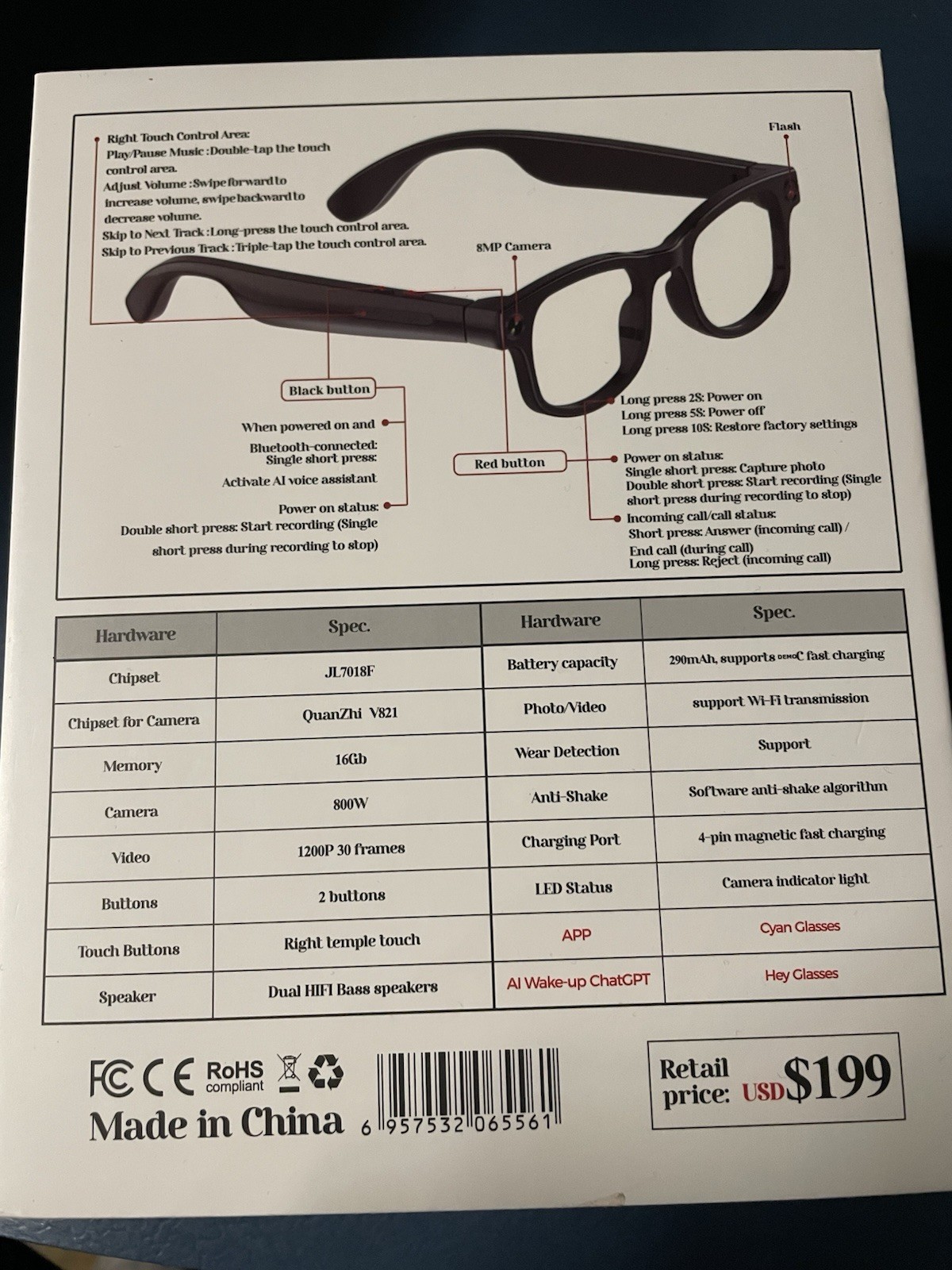 AIMB-G AI Smart Glasses AIMB-G1 8MP Camera Touch Control Wi-Fi Bluetooth