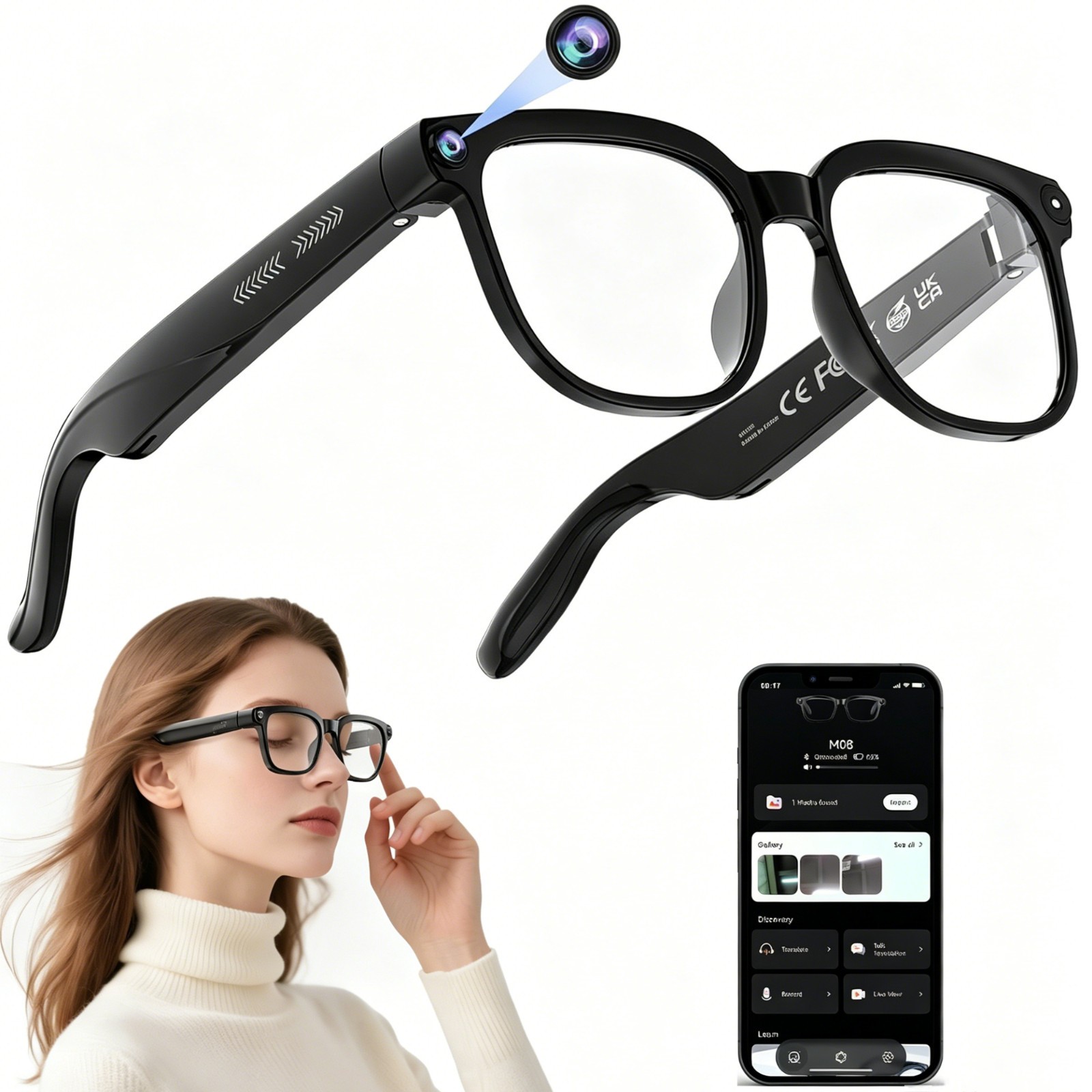 AI Smart Glasses with Camera 4K HD Video Photo Capture Real-Time Translation M08
