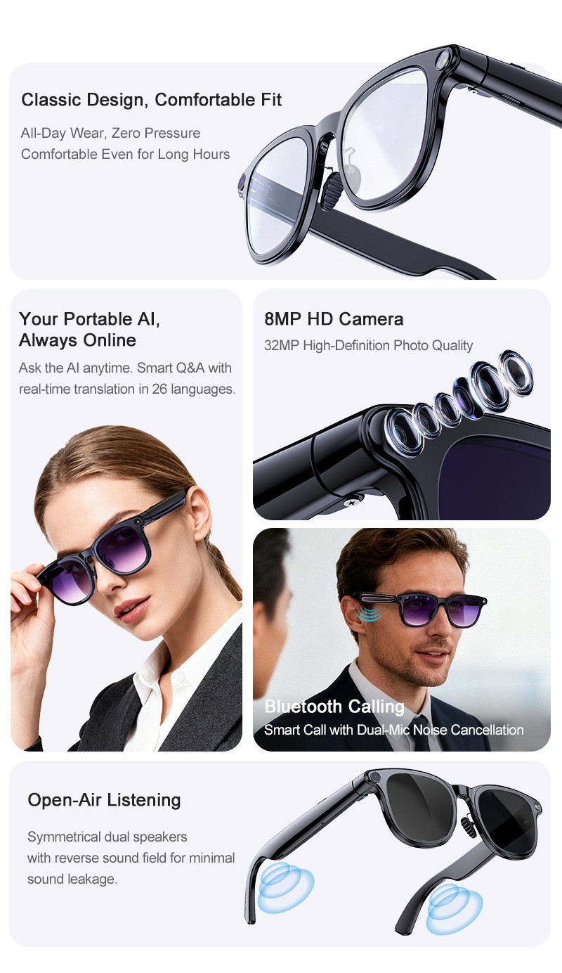 Smart Glasses with Camera AI Object Recognition Video Photo Handsfree Calling
