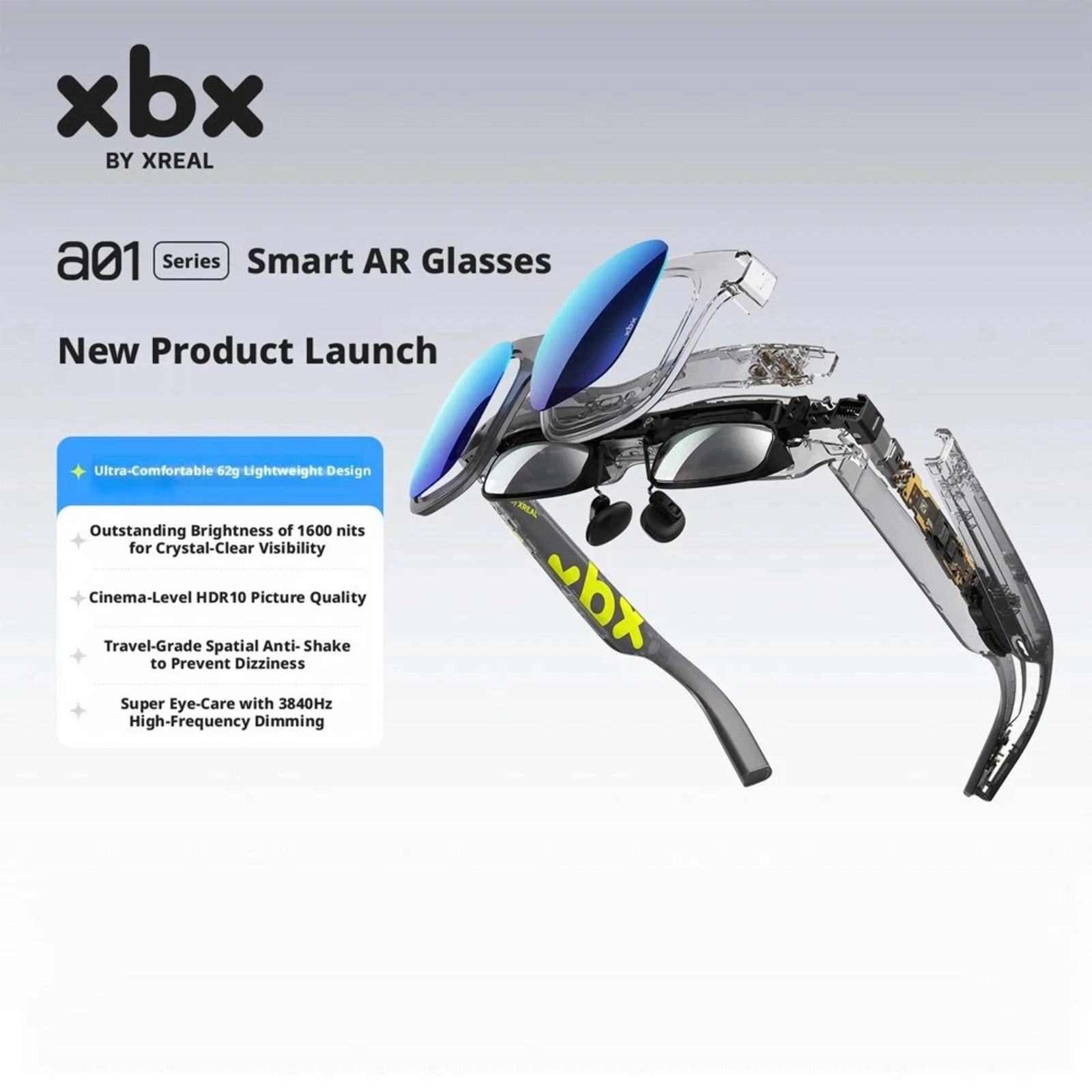 XREAL XBX A01+ AR Smart Glasses 62g 120Hz HDR10 1600nits 50° FOV iPhone PC Mac