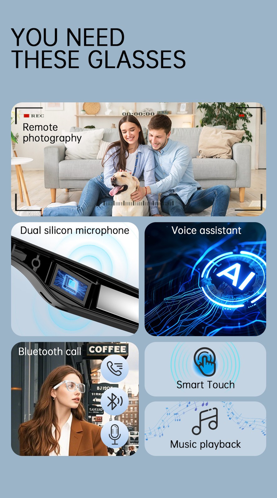 Smart Sunglasses (No Camera) Bluetooth Call Music UV Protection for Men Women