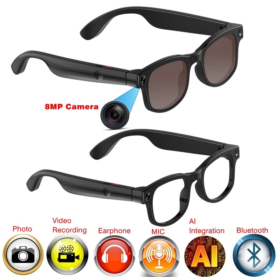 AI Camera Smart Glasses with 8MP camera and microphone and music player