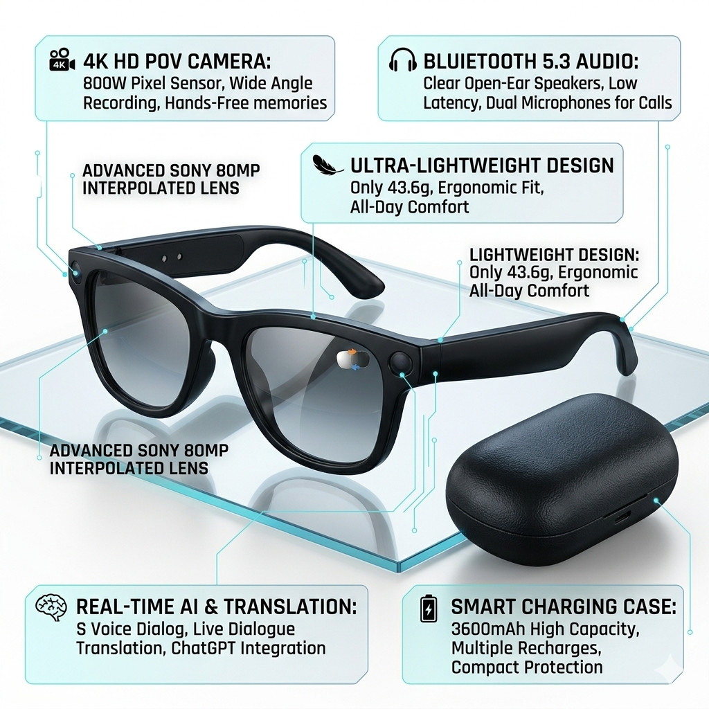 4K HD Smart AI Glasses Wide Angle Camera Bluetooth 5.3 Sunglasses Charging Case