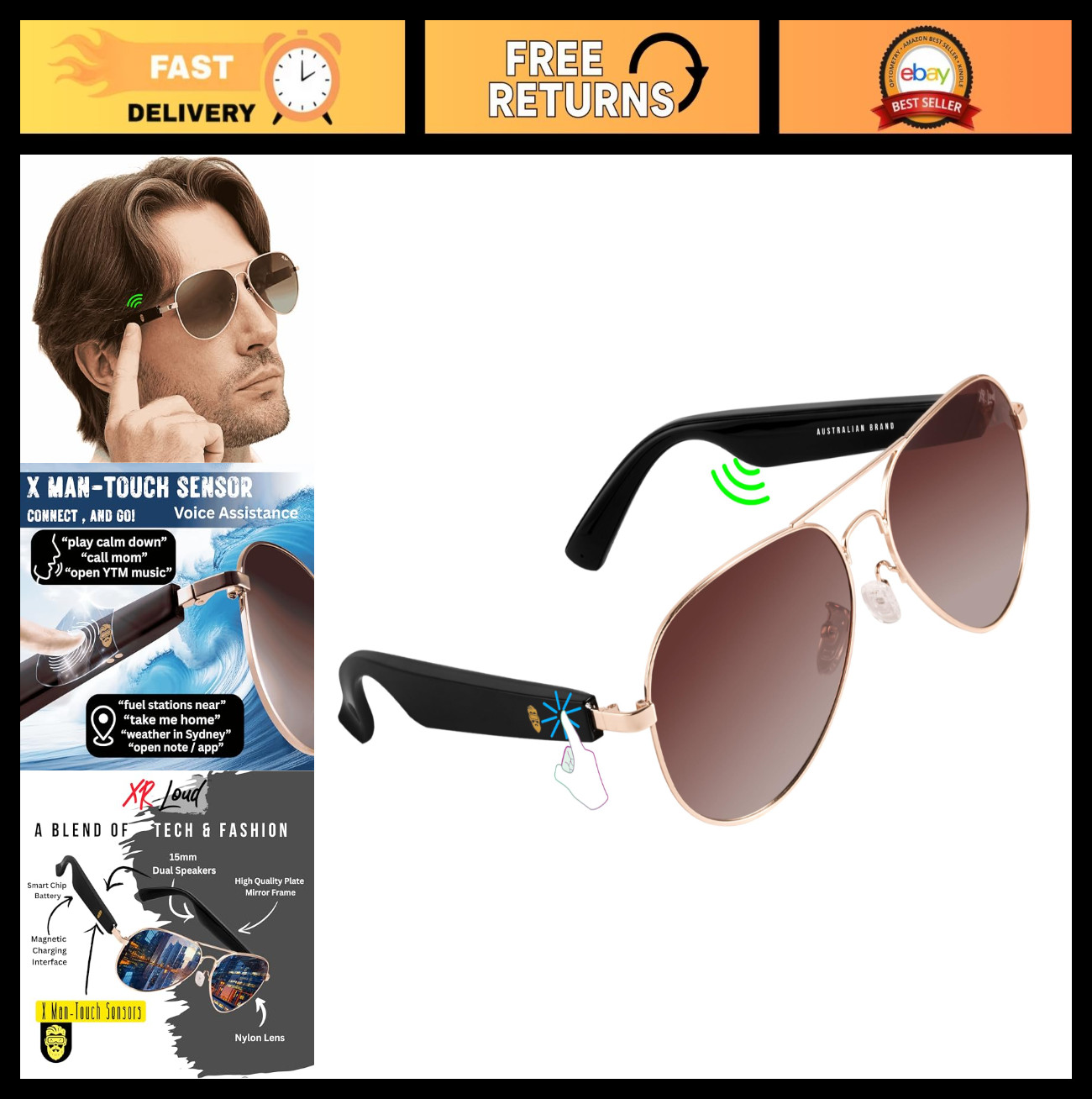 Smart AI Glasses for Men & Women, 200 Languages, Voice Control, Bluetooth Audio,