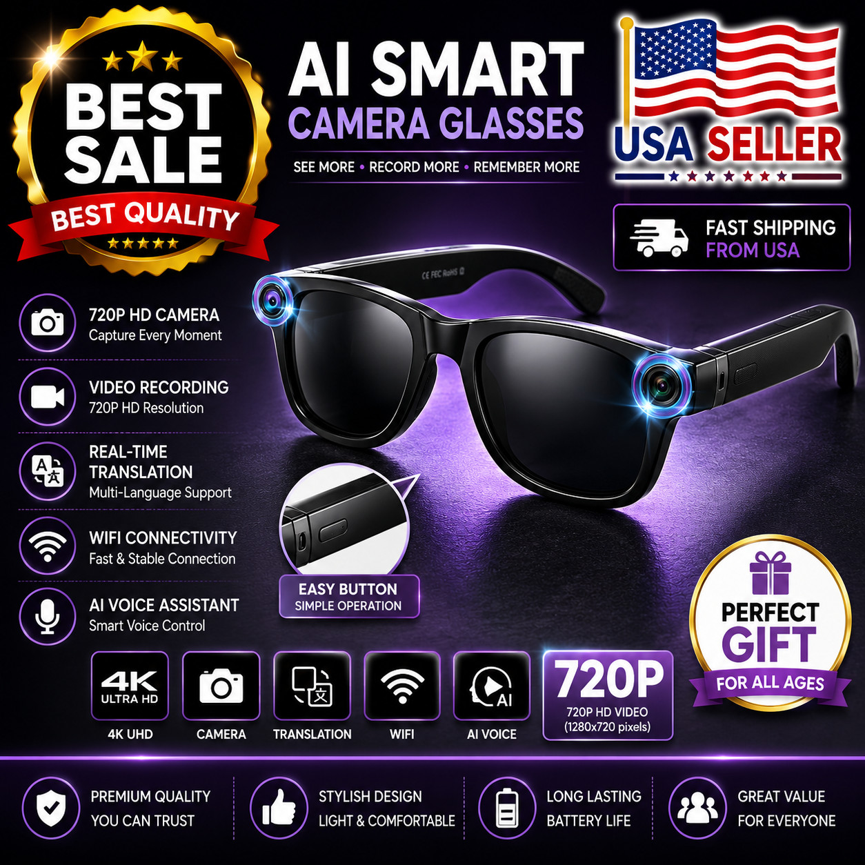 2026 AI Smart Glasses Camera Bluetooth Call Translation Voice Sunglasses Gift