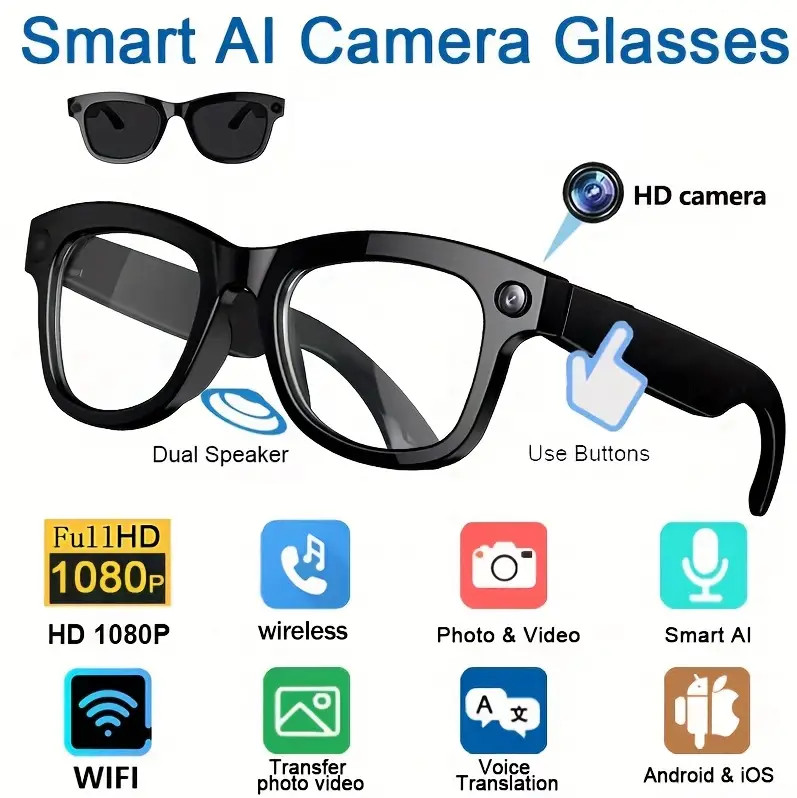 Smart AI Camera Glasses with HD Video Recording, Built-in Speakers, Voice Assist