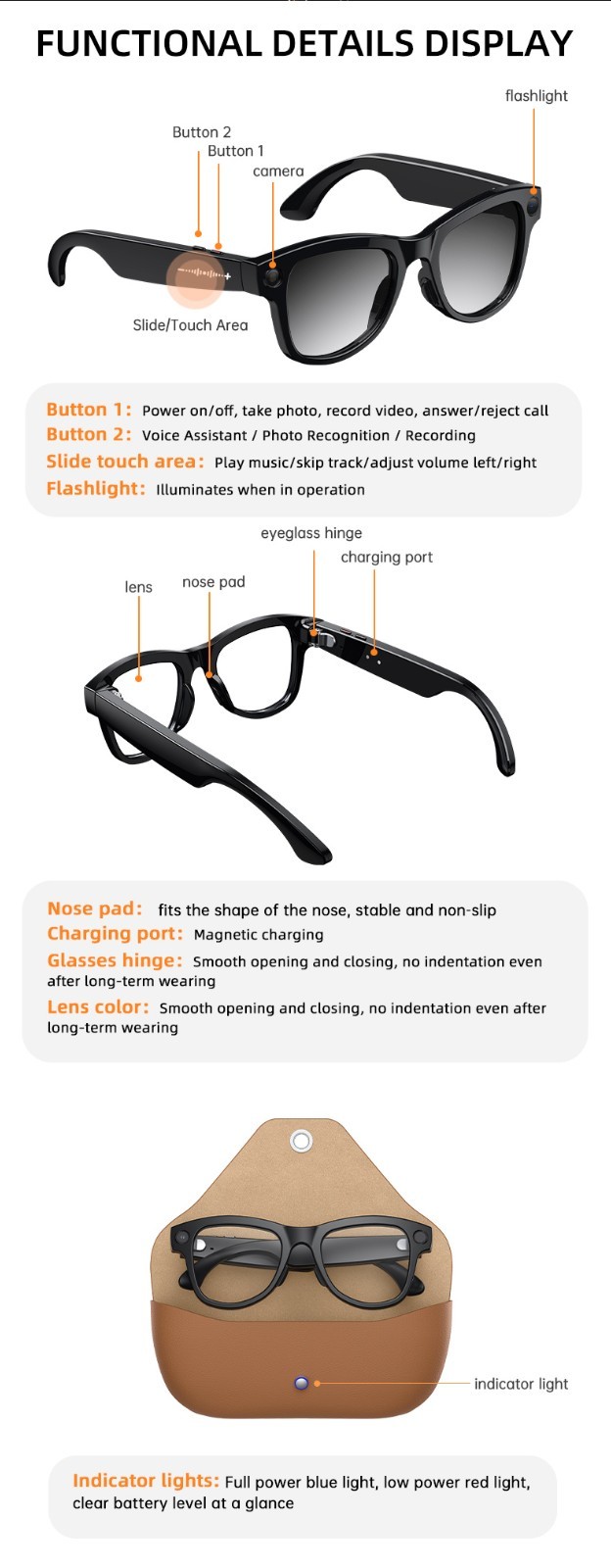 New 1300W HD Camera AI Glasses 1400mAh Power Bank 32G MemoryEIS anti-shake M02X