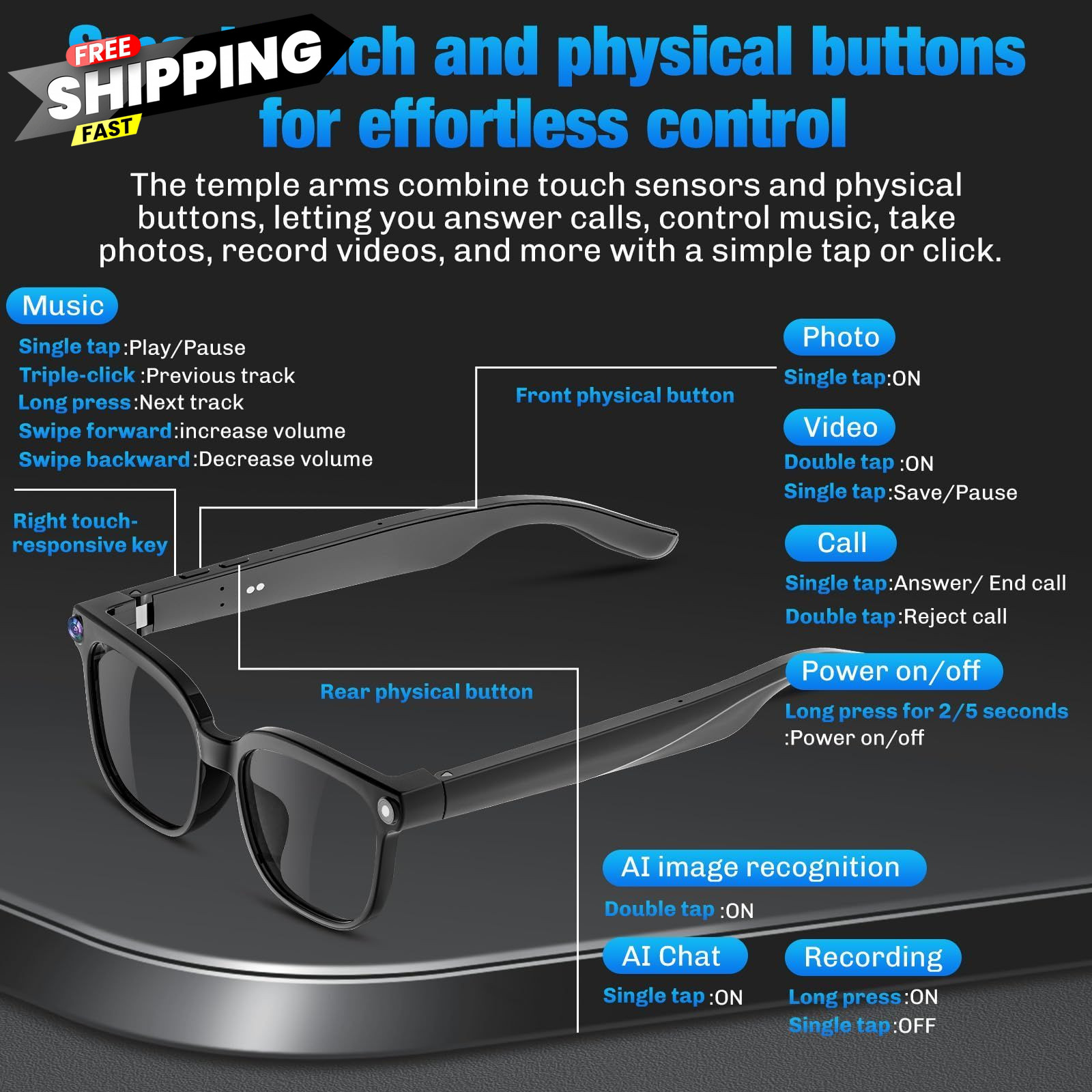 AI Smart Glasses with Camera, 4K HD Video & Photo 1, Transparent Lens