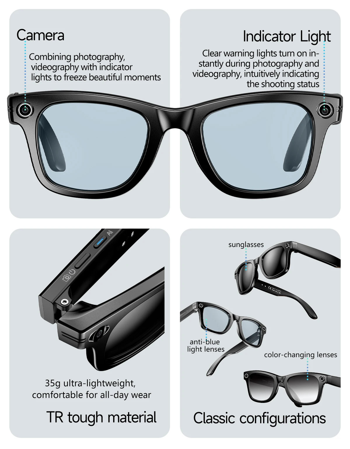 8MP Camera Smart Glasses Video Recording AI Translation Waterproof