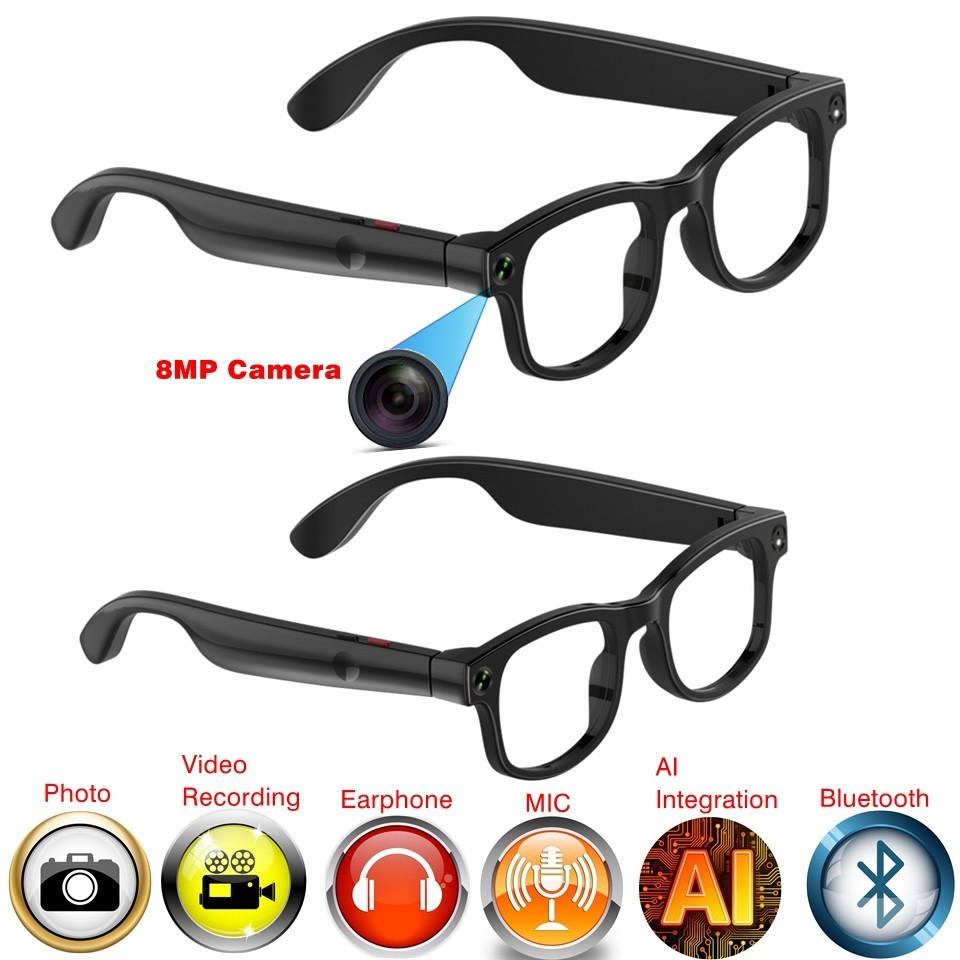 AI smart glasses camera with 8MP camera and video recording and music player