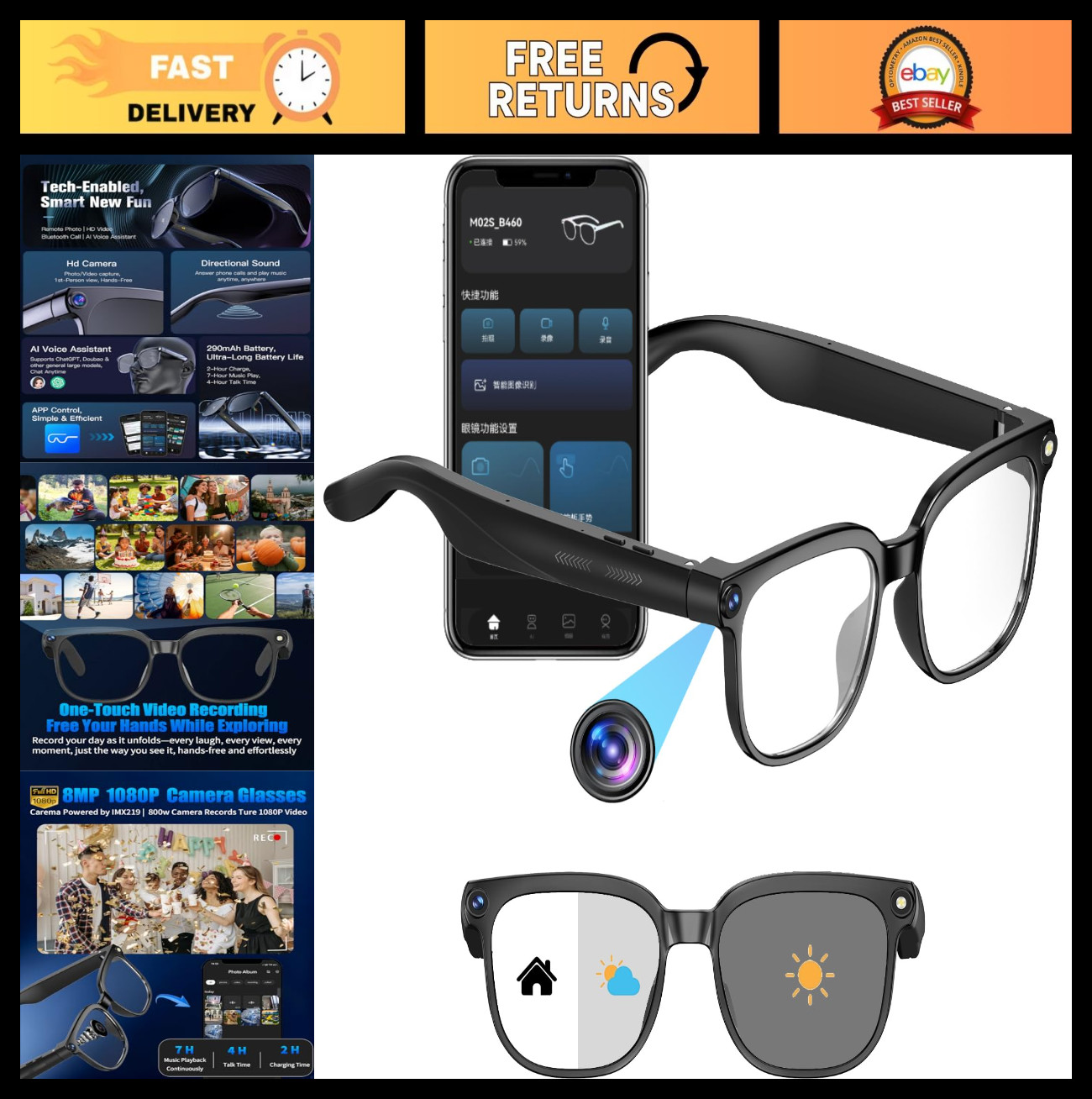 800W Smart Glasses with 1080P Camera, AI Translator, Bluetooth Audio, Photochrom