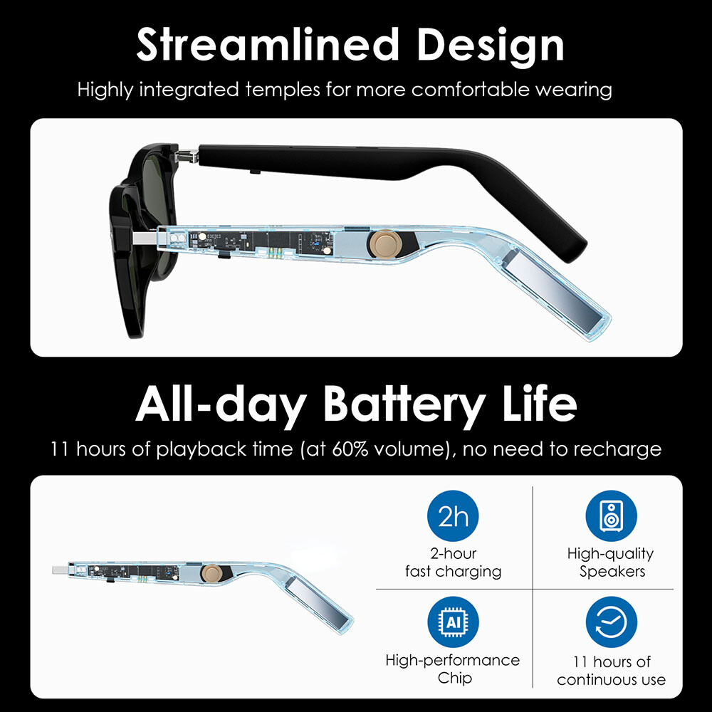 Smart Glasses with Open Ear Speaker Sunglasses Voice Control Eyewear Headphones