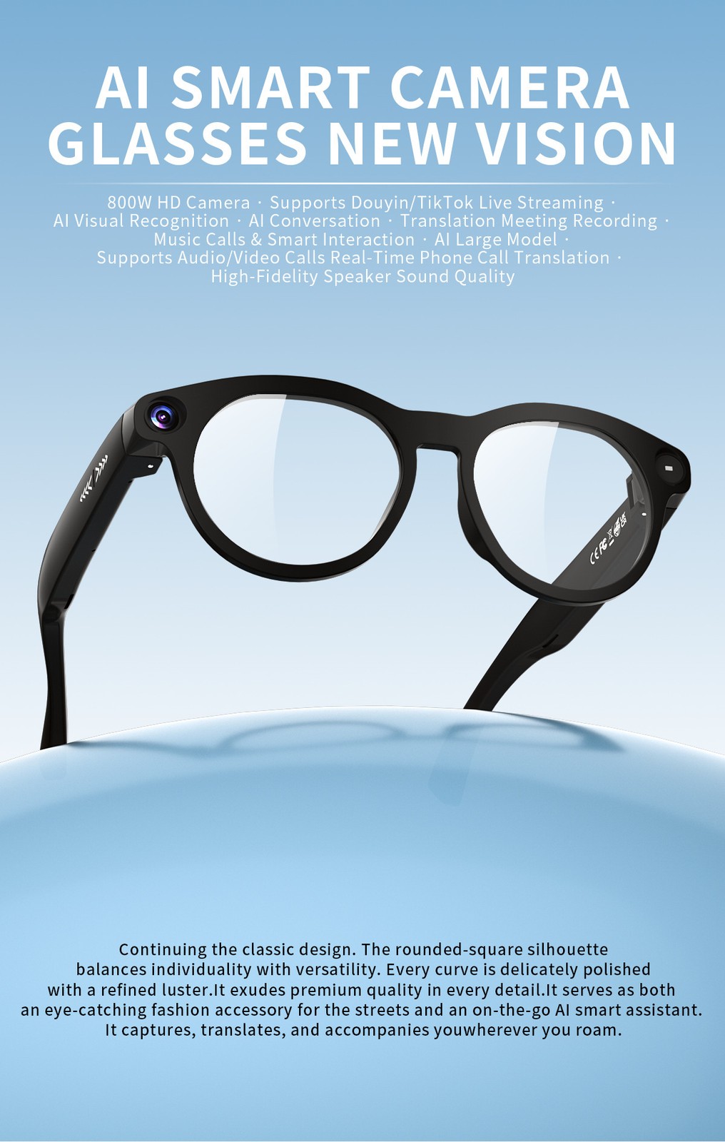 Bluetooth Smart Recording Sunglasses Built-in Camera WiFi Live Stream Multi Lang