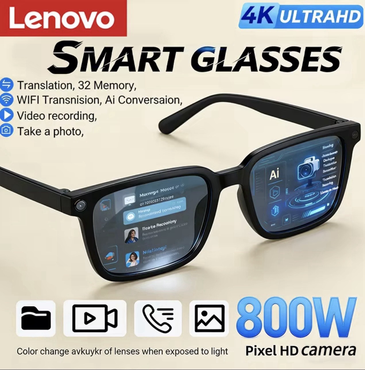 Lenovo AI Smart Glasses 8K HD Camera Bluetooth Call Music Translate Photochromic