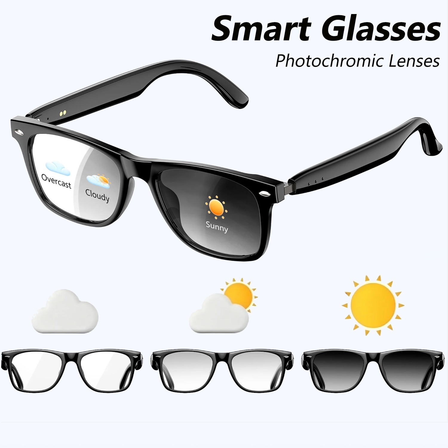 Photochromic Bluetooth Smart Glasses Auto Tint Open Ear Speaker Hands Free Call