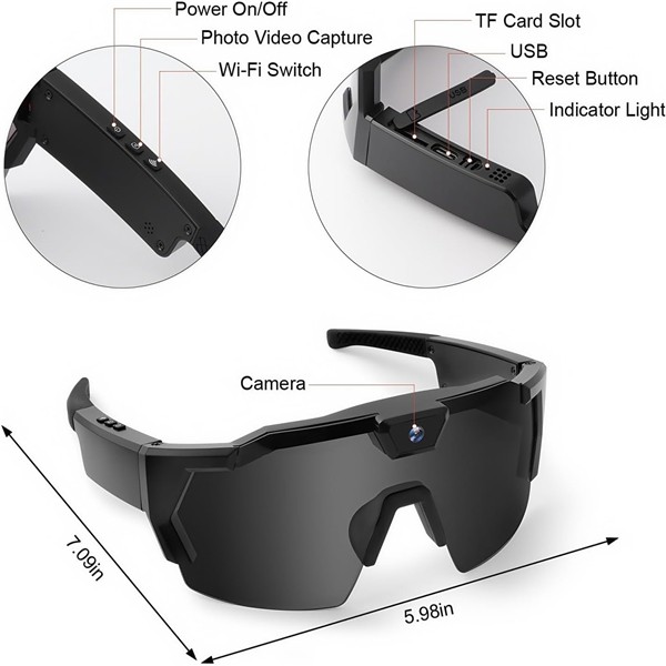 Anti-Glare Safety Glasses 2MP Camera 64G Wireless Connection for Cycling Hiking