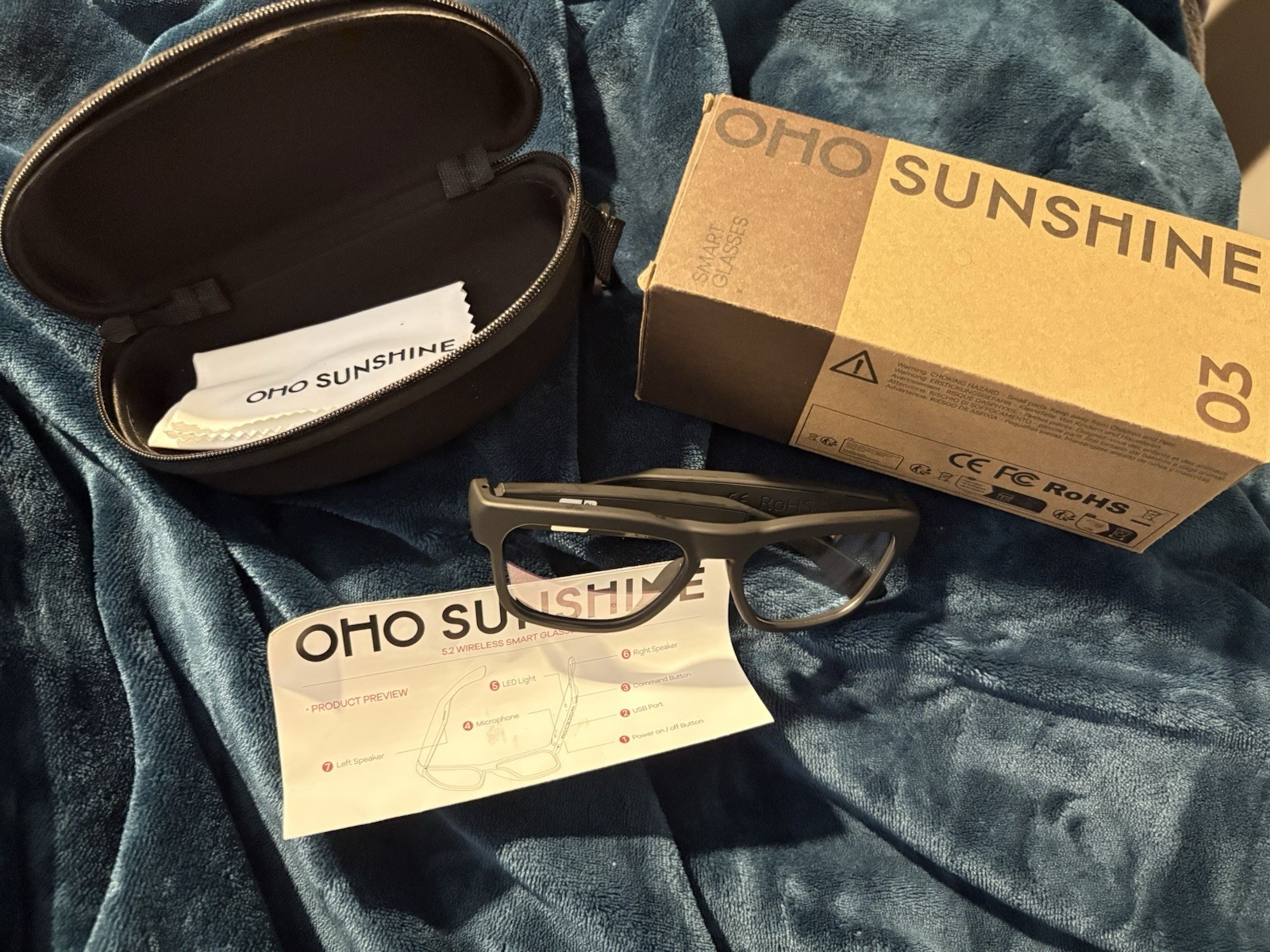 Oho Sunshine Smart Glasses A3 5.2 Wireless Elite Model w Case & Cloth Black